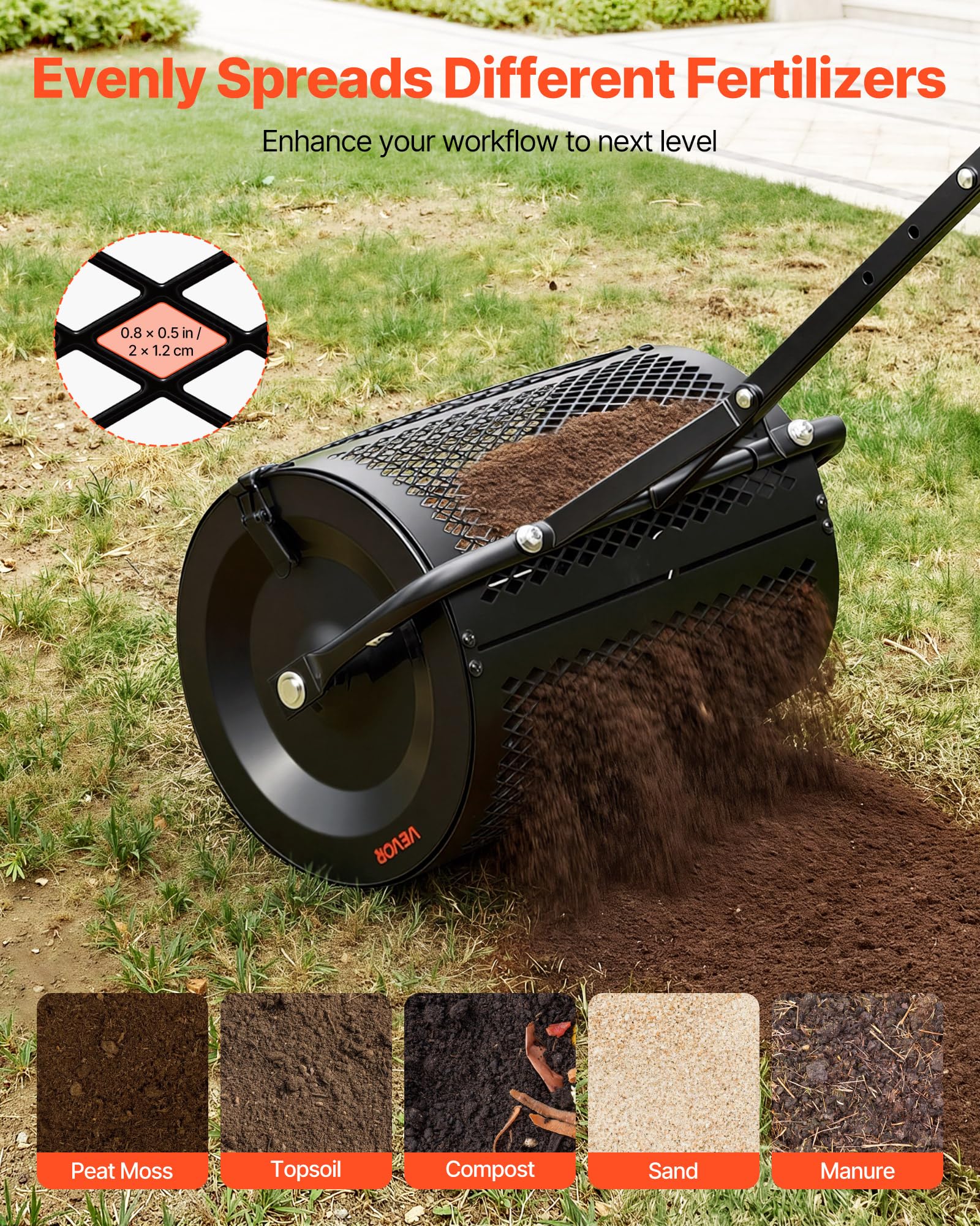 VEVOR Rouleau Épandeur à Compost 42 cm Épandeur Mousse de Tourbe à Rouleau Treillis pour Épandage Gazon Fumier Sel de Déneigement, avec Poignée en T, 3 Hauteurs Réglables, en Acier Thermolaqué, Noir