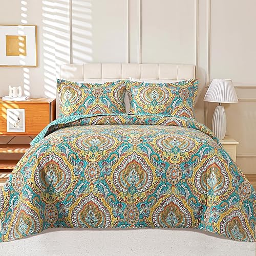 Vista 9 de VAPUTAR Edredones de Algodón Tamaño Queen, Juego de Ropa de Cama Edredón Queen con Patrón Damasco Bohemio-3 Piezas Colcha Ligera Suave Tamaño Queen