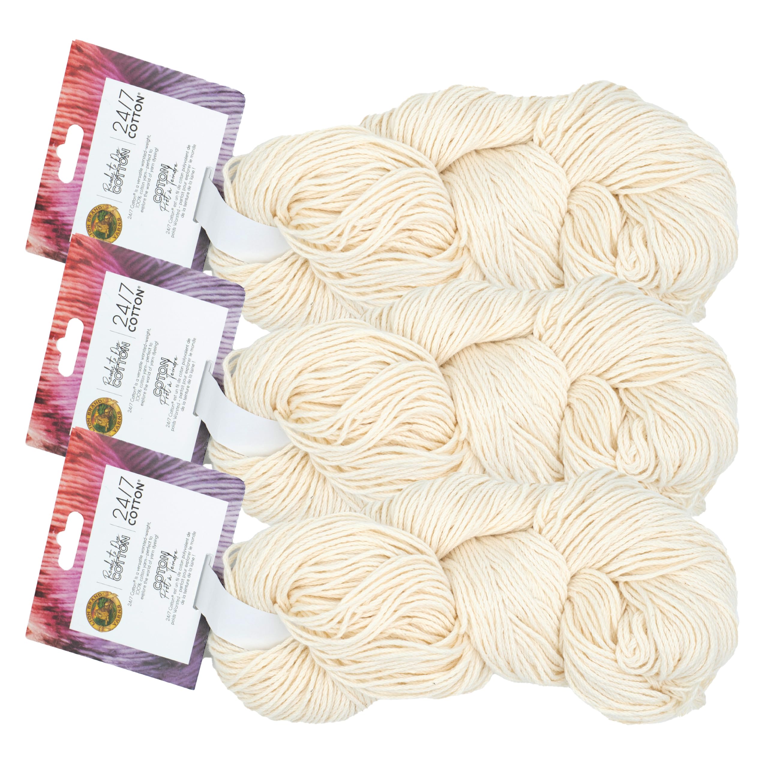 Lion Brand Yarn, 24/7 Cotton Ready to Dye Hank Ecru (undyed), 3 Pack