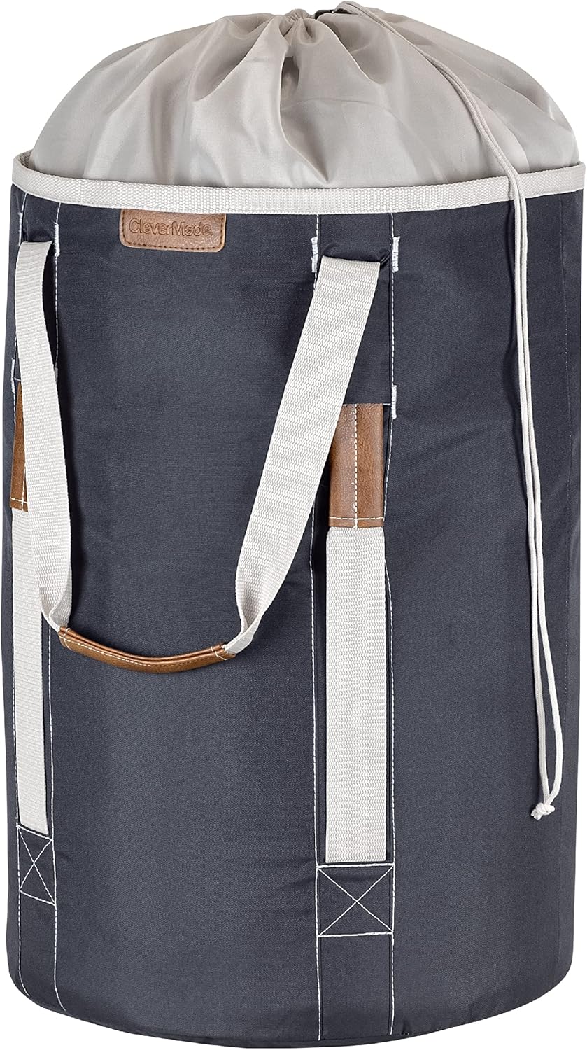 CleverMade Laundry Backpack Duffel Bag with Shoulder Straps - 62L / 16 Gal XL, Charcoal Cream,Drawstring Closure for Travel Clothes Gym College Dorm