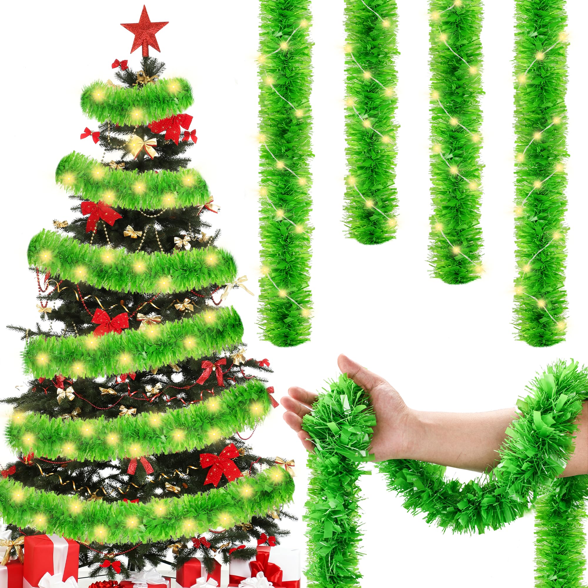 25FT Christmas Tinsel Garland with LED Lights, 25ft Lime Green Metallic Foil Glitter Garland & Matching Lights Set for Xmas Tree, Home, Stairs, Indoor