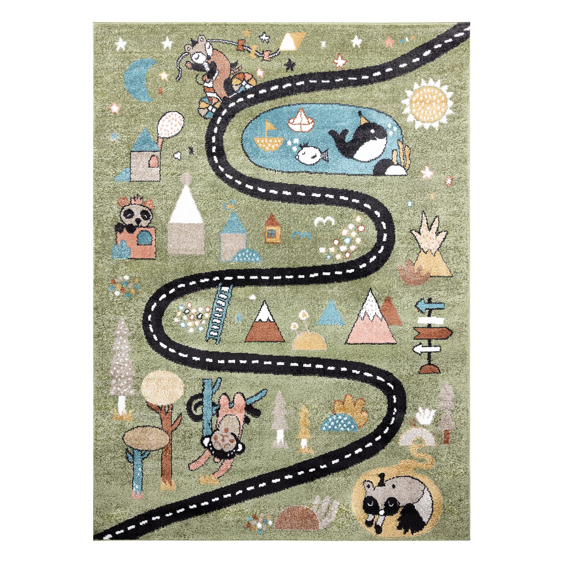 Dywan Fun Route dla dzieci, ulica, zwierzęta zielone 80 x 150 cm zielony