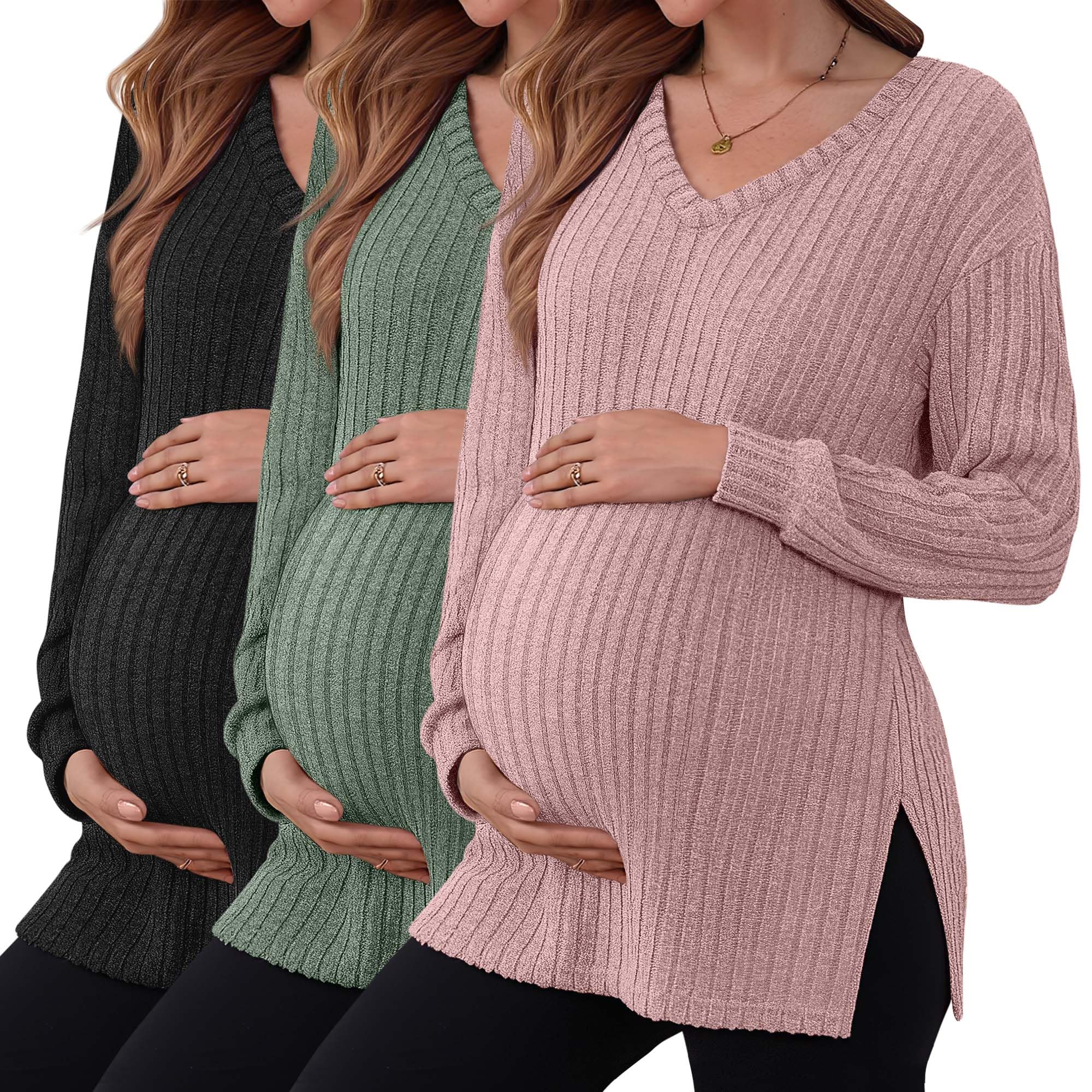 Xuniea 3 Stück Gerippte Umstandsshirts für Damen, Langarm V-Ausschnitt Pullover mit Seitenschlitz