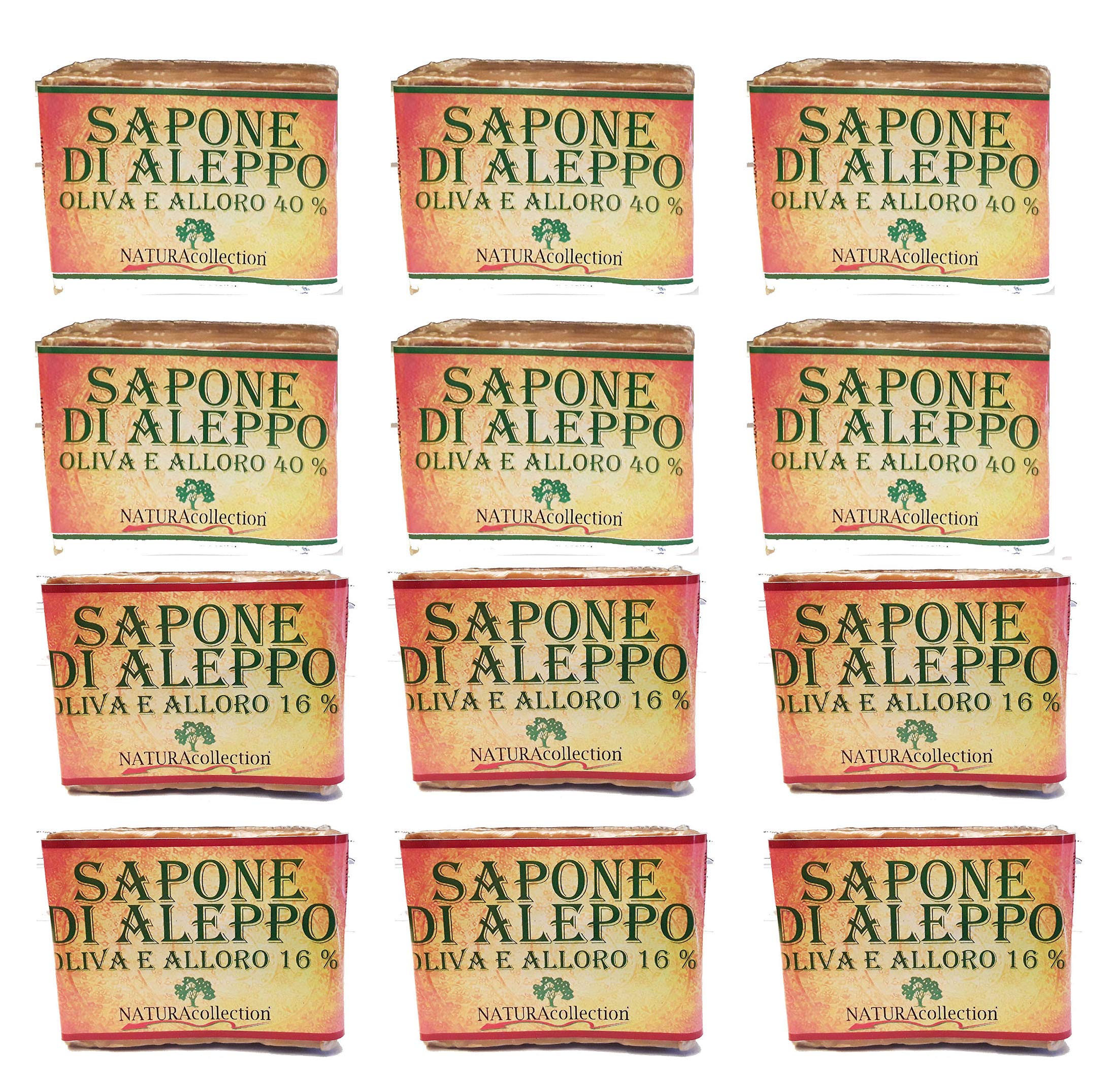 Stock 12 unità Sapone di Aleppo da 200g all' olio d' Oliva e olio di Alloro 16% e 40% 12pz x200g Peso netto totale 2,4 Kg