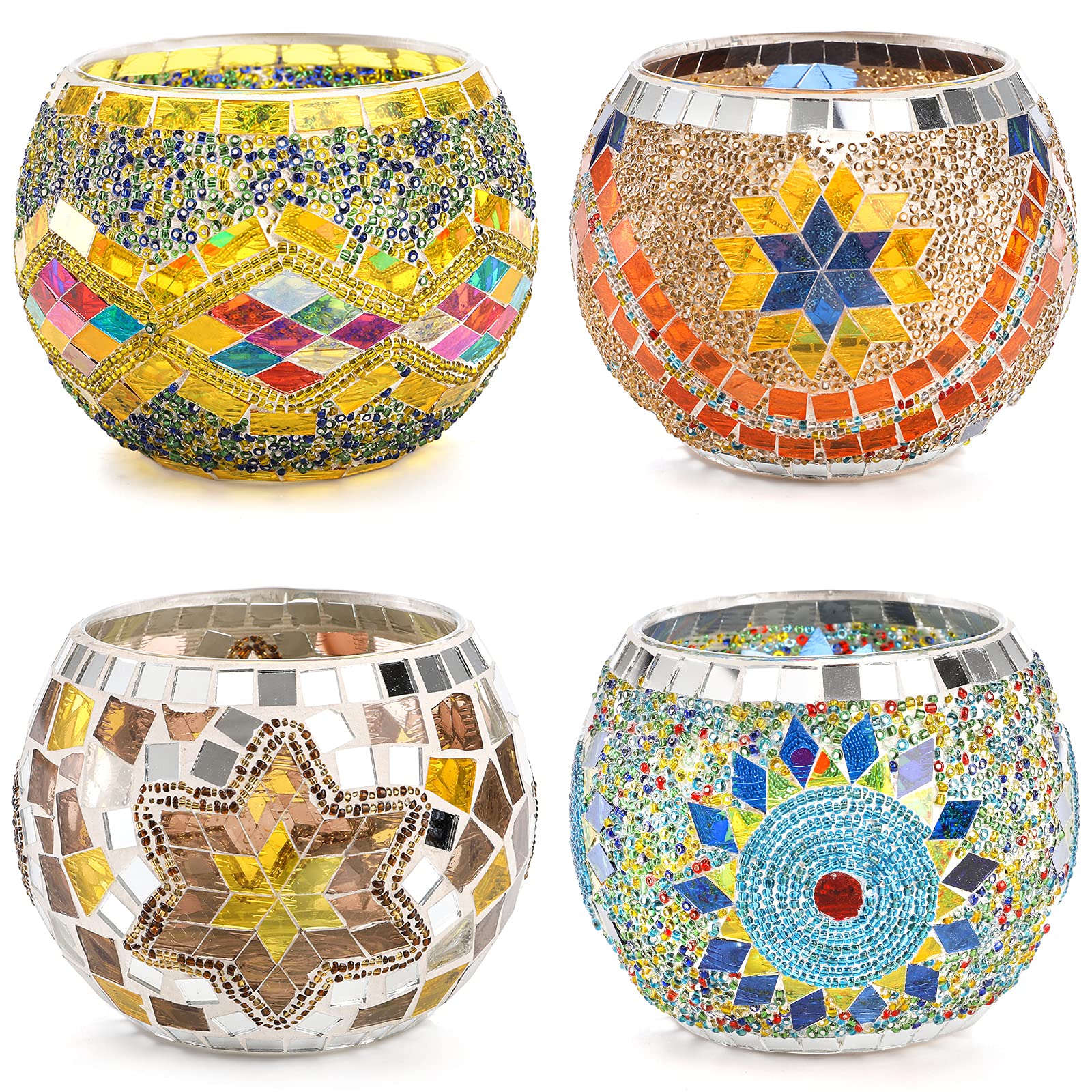 DEAYOU 4 Pack Glass Candle Holders Mosaic, Decorative Glass Tealight Votive Holder Bowl, Scented Candle Stand for Lighting Decor, Gift, Aromatherapy, Also Used as Vase, Pen Holder, Potted Plant Bowl