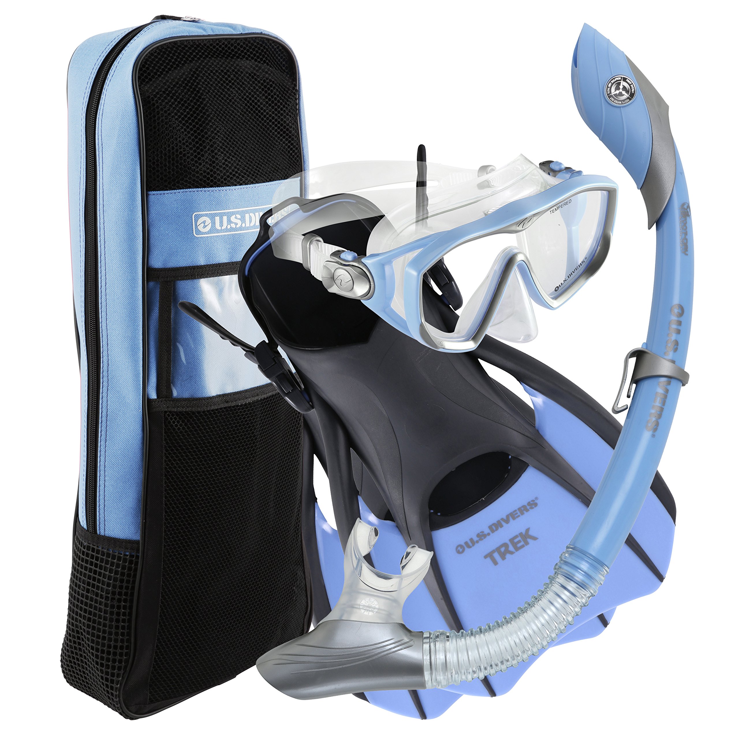 U.S. Divers Diva Women Snorkel Set, Ladies Silicone Mask, Trek Travel Fins, Dry Top Snorkel + Snorkeling Gear Bag - Purple - Small