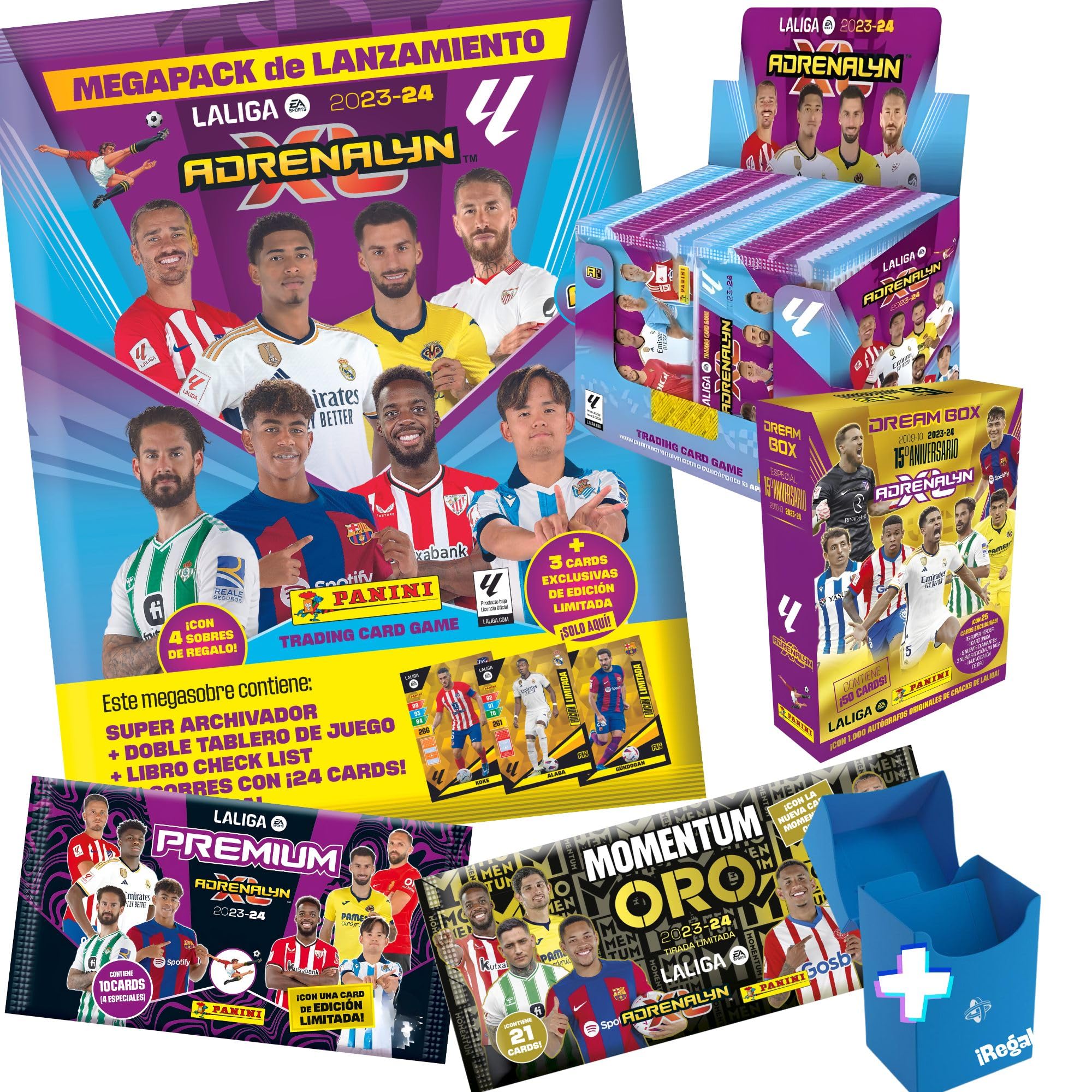 MEGAPACK Total con Archivador y Sobres ADRENALYN 2023 2024 Liga de Futbol Cromos Panini - Incluye Album, 50 Sobres y Caja DREAMBOX Oro y Regalo