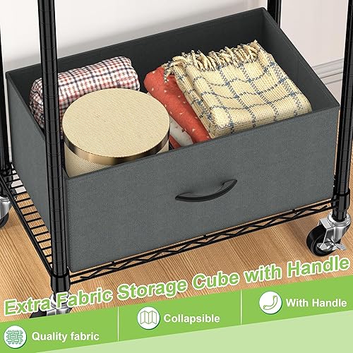 Vista 7 de Perchero con ruedas con cajón, estante de ropa independiente para colgar ropa, armario ajustable de alambre de metal con varillas, estante