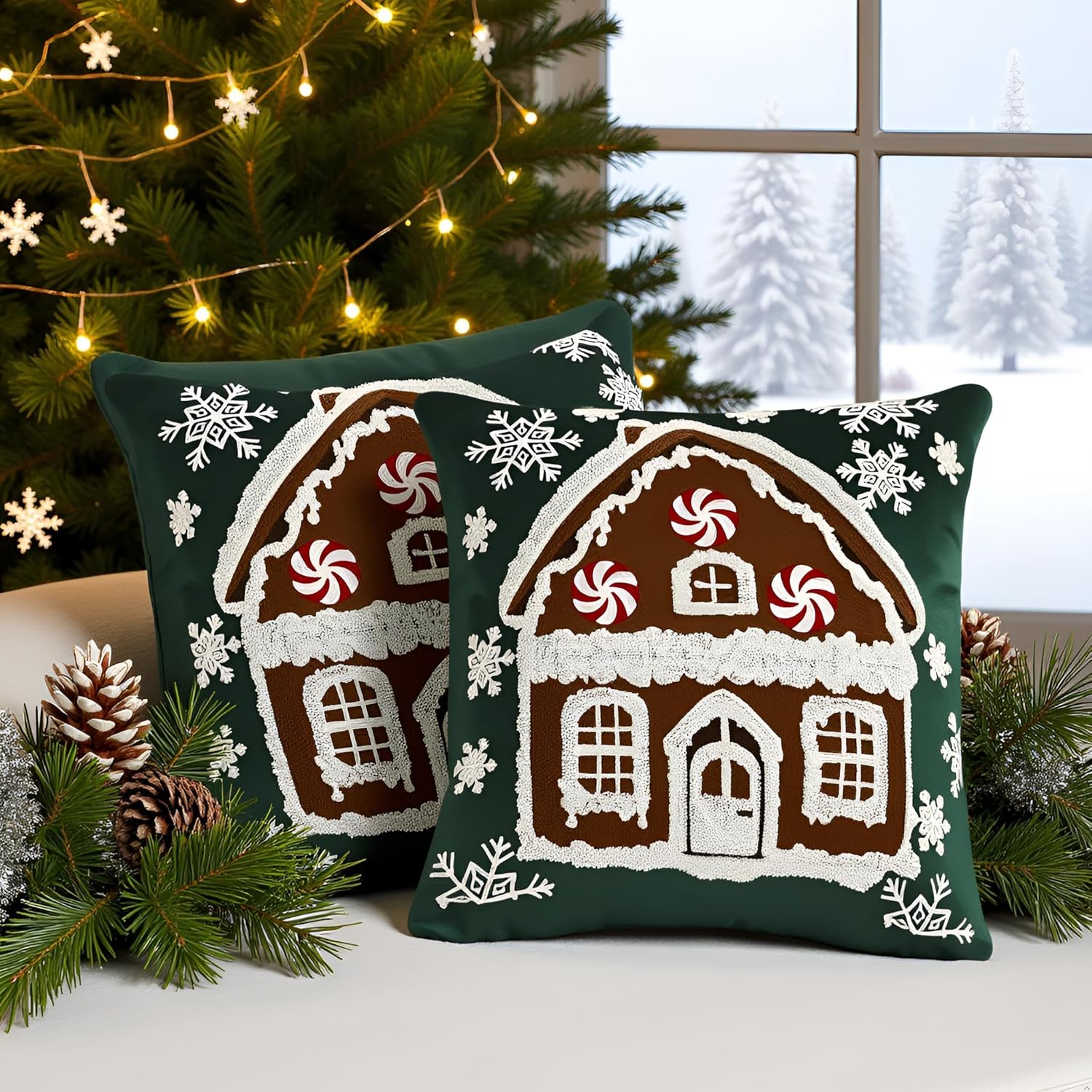 Christmas Green Pillow Covers 18 x 18 inch Set of 2 Velvet Xmas House with Snowflake Throw Pillow Covers Christmas Party Decorations Winter Holiday Embroidery Cushion Cases