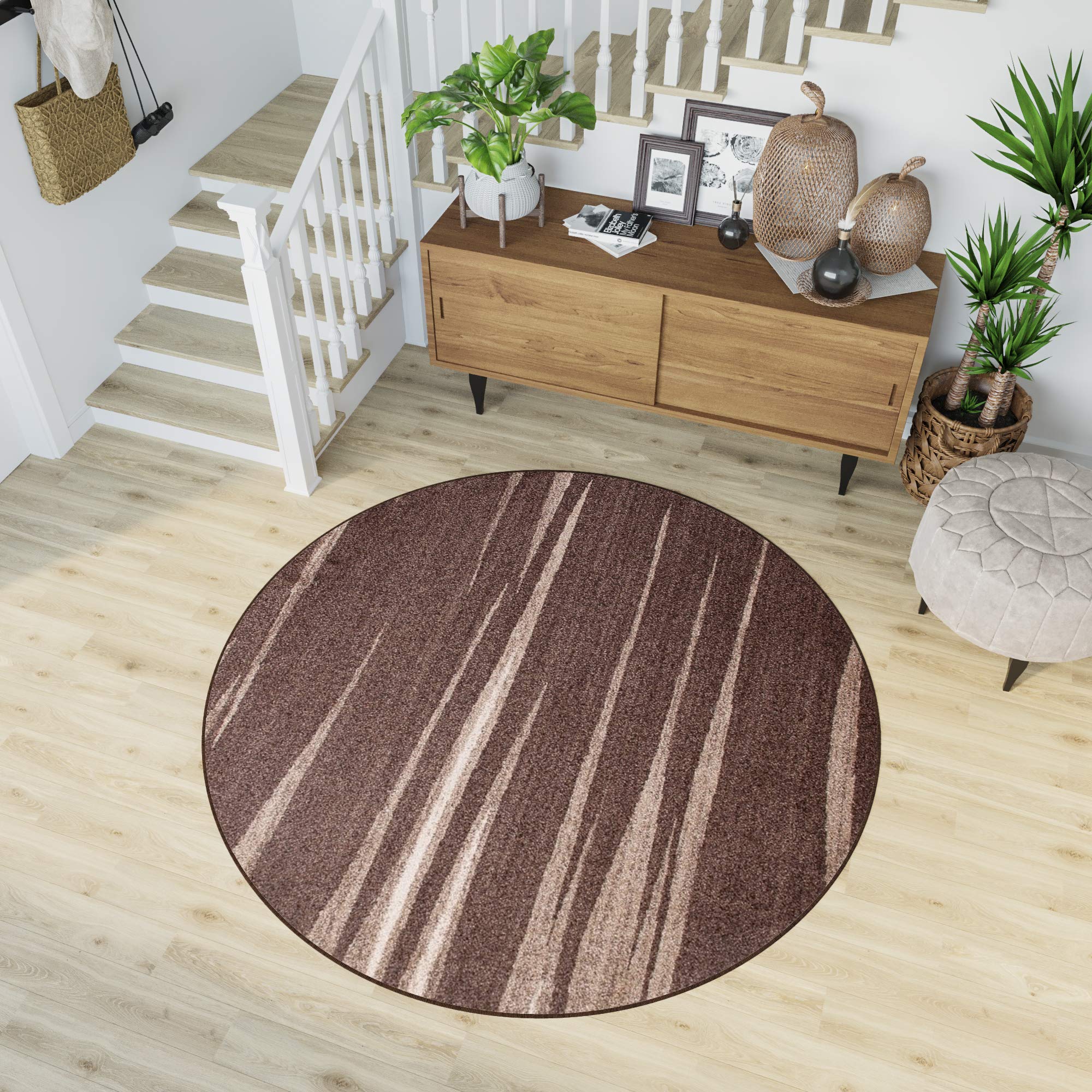 TAPISO Sari dywan okrągły ciemnobrązowy beżowy nowoczesny paski melanżowy design salon sypialnia Ökotex 150 x 150 cm