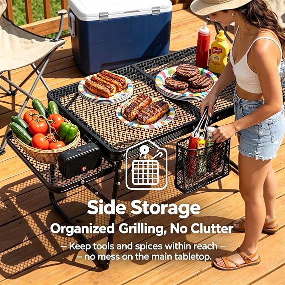 Portable Folding Picnic Table with Storage Drawers, Lightweight Aluminum Alloy Garden Picnic Table, Outdoor Camping Table for BBQ, Beach, Hiking, Coffee, RV & Travel Use
