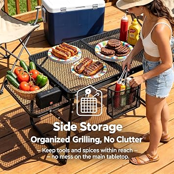 Portable Folding Picnic Table with Storage Drawers, Lightweight Aluminum Alloy Garden Picnic Table, Outdoor Camping Table for BBQ, Beach, Hiking, Coffee, RV & Travel Use