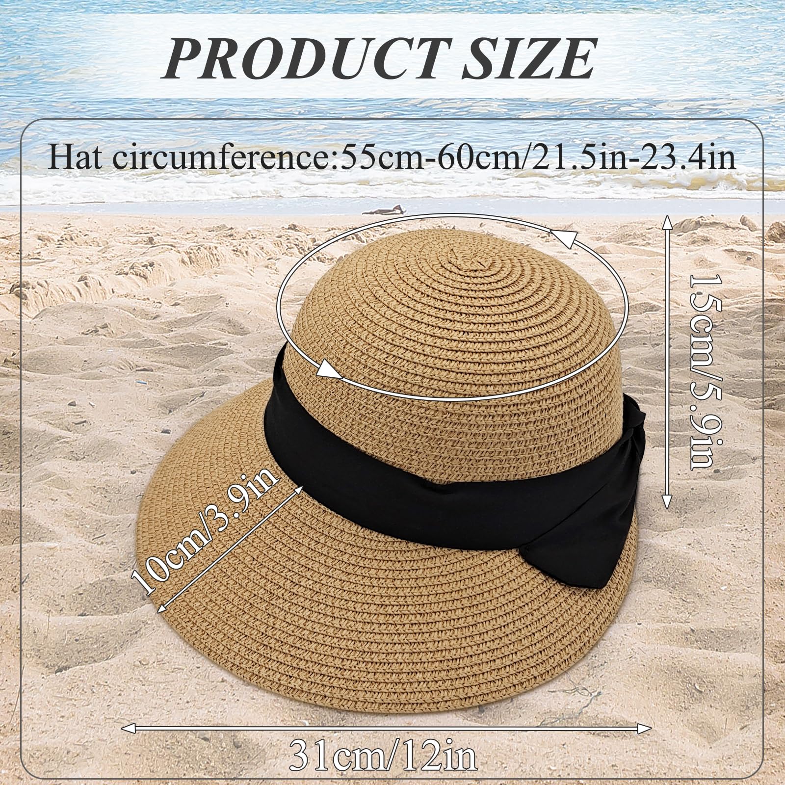 Sombrero de paja para mujer, protección UV, sombrero de paja con ala ancha, transpirable, sombrero de playa, sombrero de verano plegable para viajes y vacaciones