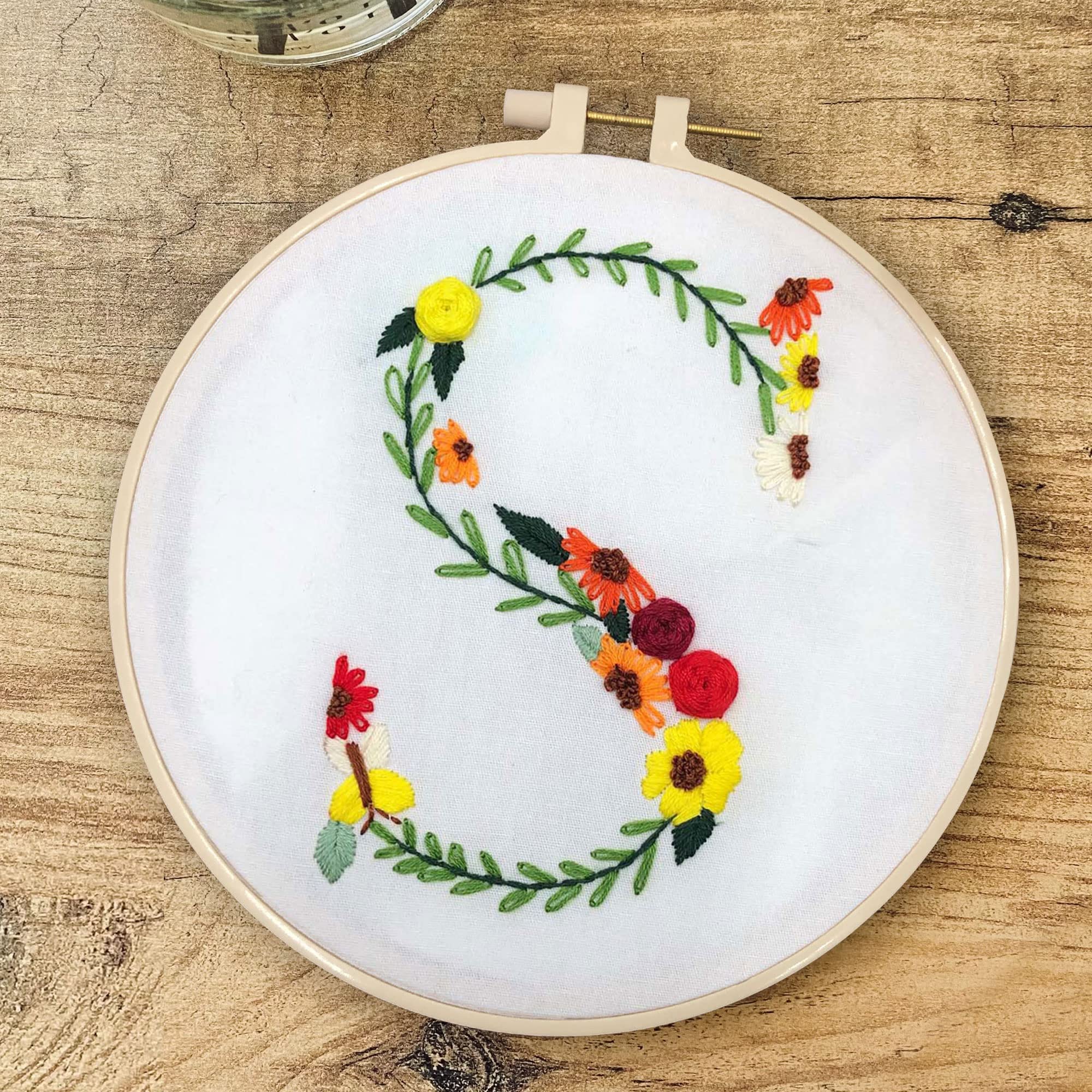 yesJRL Embroidery Kit for Beginner and Adults, Cross Stitch Kits, Embroidery Starter Kit with Initial Letter and Flower Pattern (S)