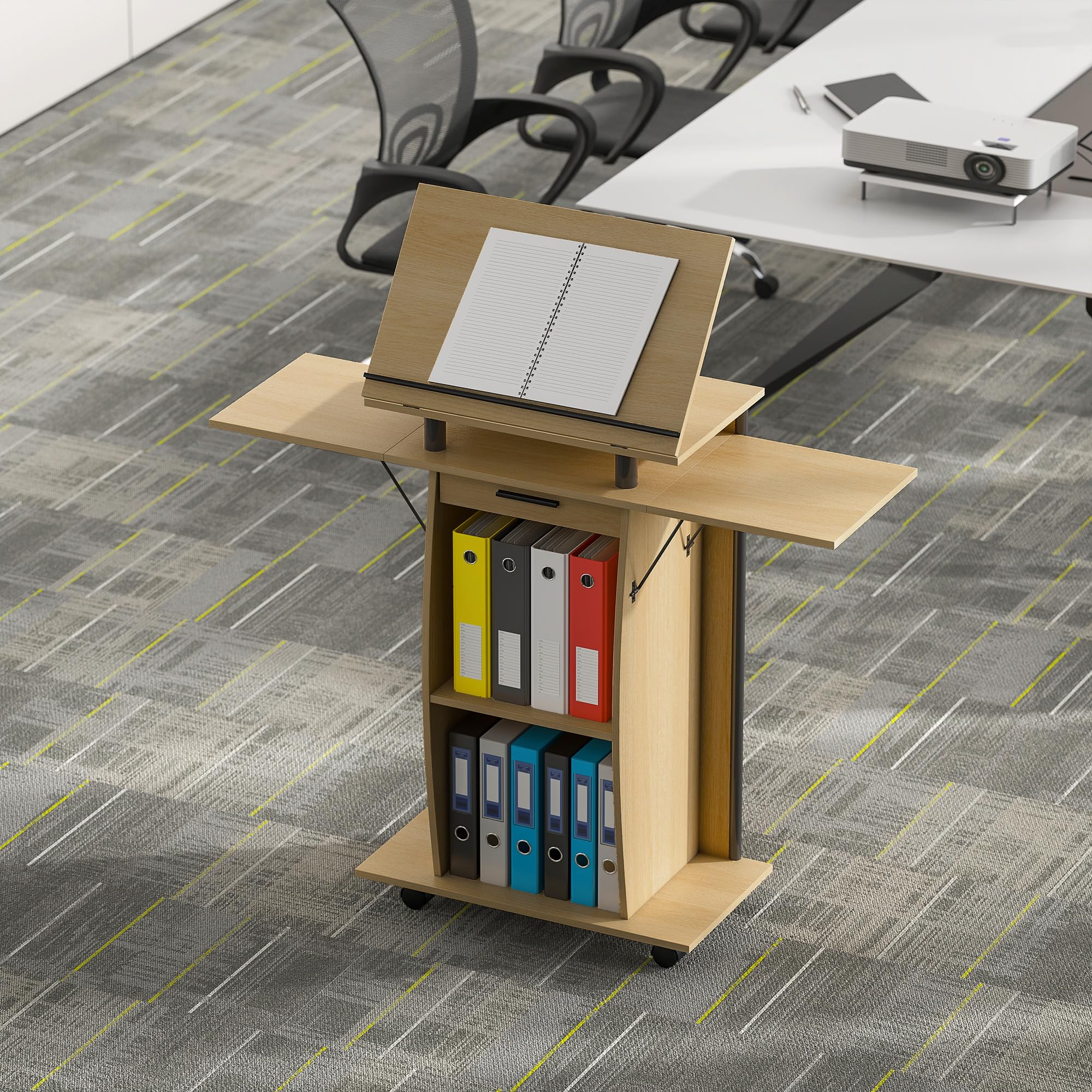 HOMCOM Rednerpult Podium mit Rädern, klappbaren Seitenflügeln, neigbarem Laptopständer, Podiumständer mit Schublade, Regal Stehpult für Kirche, Vortrag, Klassenzimmer Eiche 126 x 37 x 136 cm