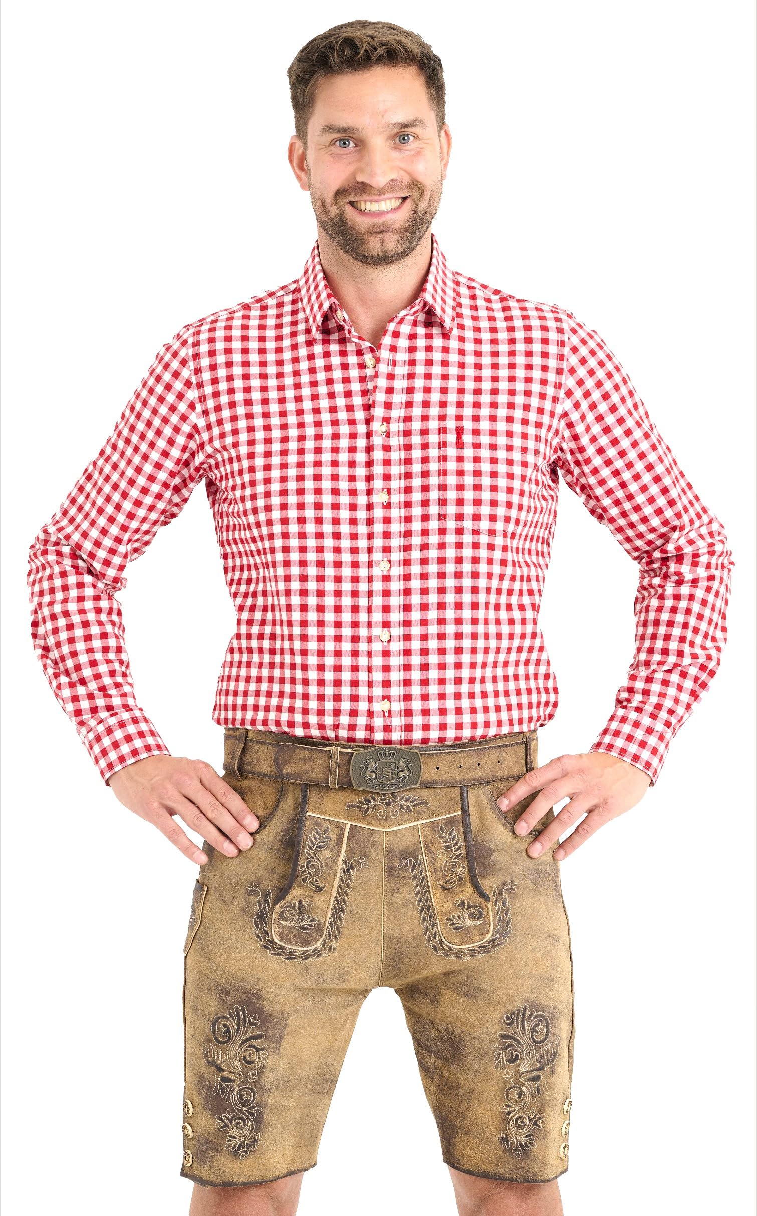 Premium Trachten Lederhose Herren kurz mit Trachtengürtel, echtes Vollleder (Full Grain), antiker Look, edle Stickereien, Oktoberfest, Größen 44–60