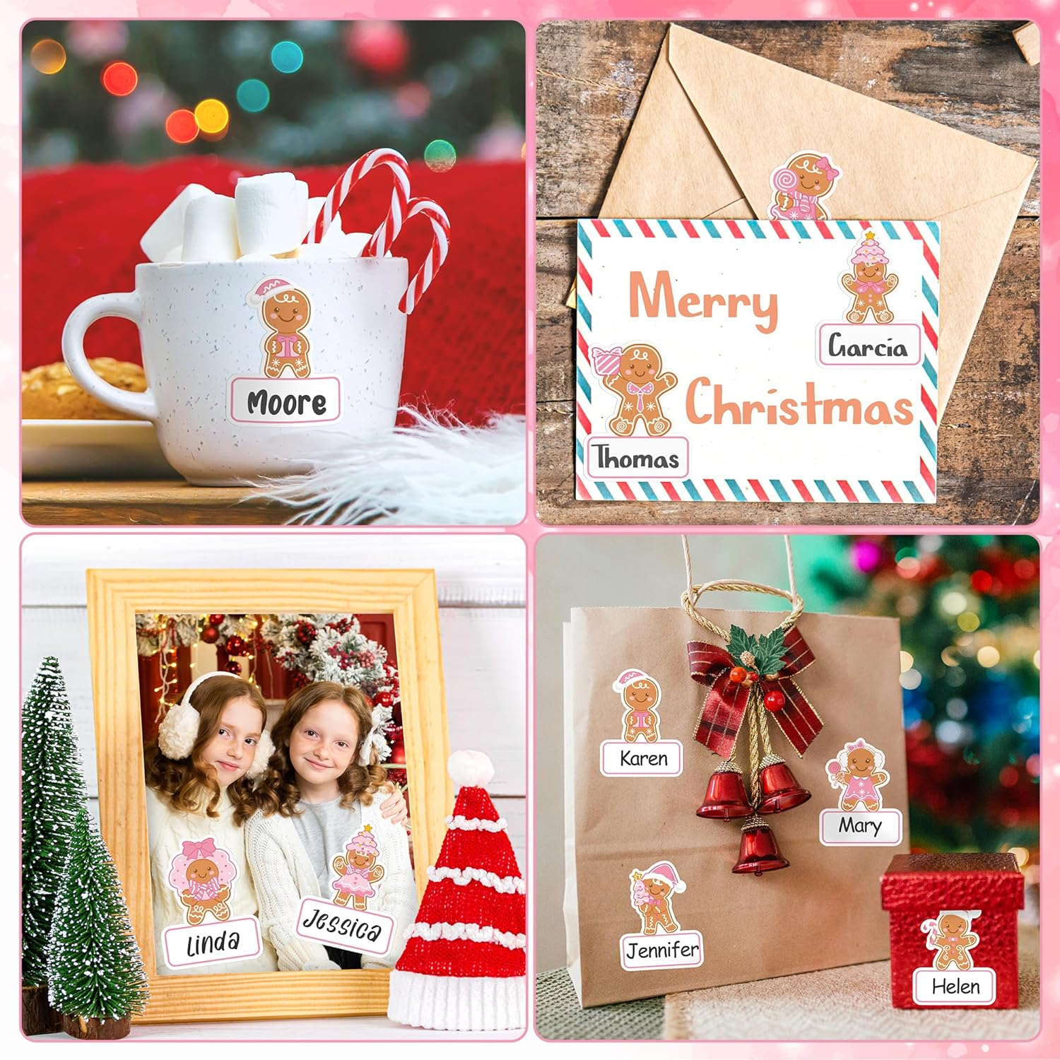 Christmas Name Tags Sticker Set - 210Pcs Merry Christmas Pink Vintage Self-Adhesive Labels Bulk, 15 Designs Winter Holiday Xmas Paper Gift Name Tags for Envelope Gifts Bag Box (Gingerbread Man) - Image 6