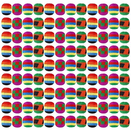 Yunsailing 100 Pieces Knit Sack Balls for Kids Knitted Kickball Soft Juggling Balls Multicolored Crochet Geometric Pattern Foot Bag Kick Sack for Kids Boys and Girls, Random Color