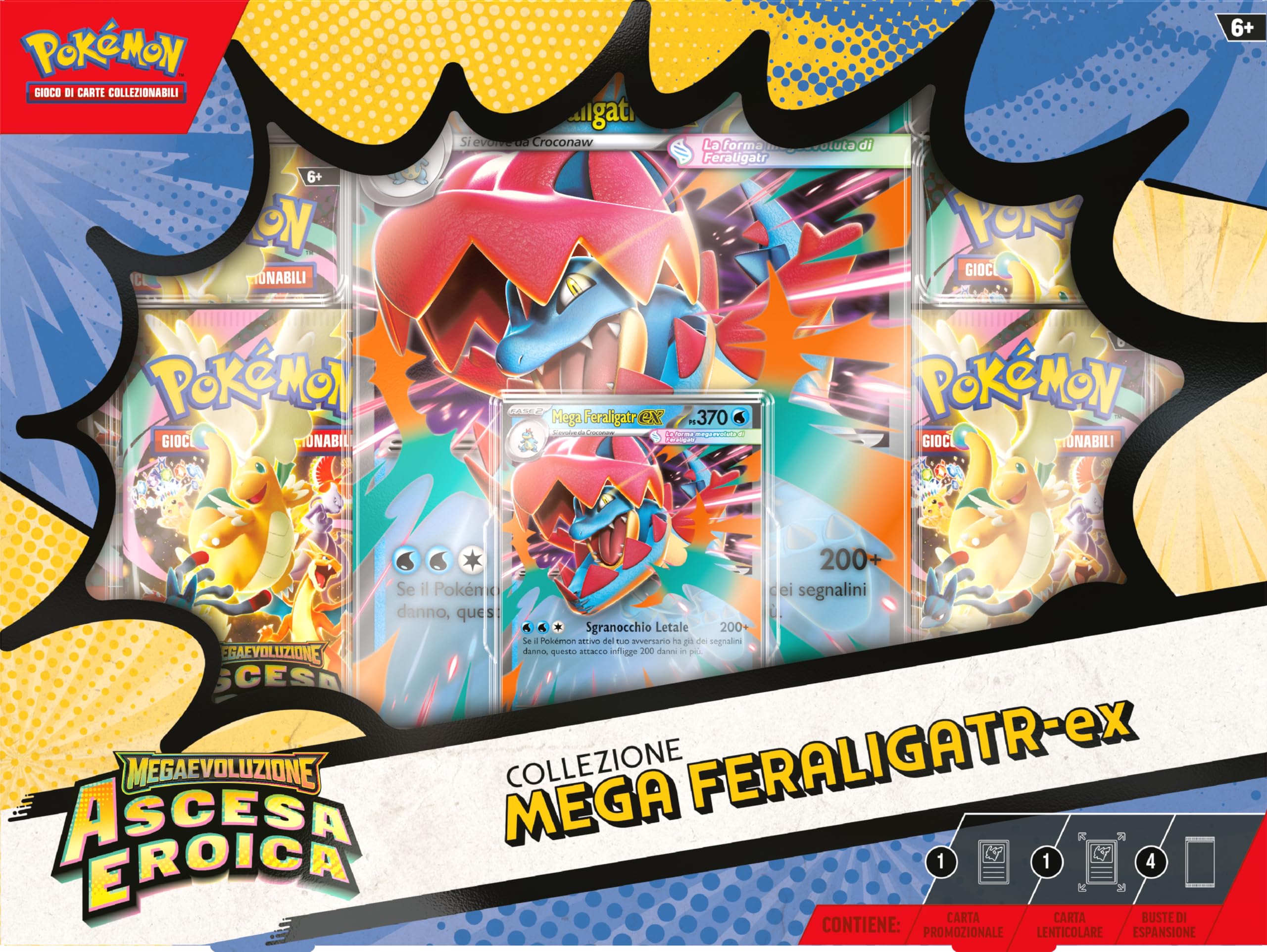 Pokémon: collezione Mega Feraligatr-ex dell’espansione Megaevoluzione - Ascesa Eroica del GCC Pokémon (una carta promozionale olografica, una carta lenticolare gigante e quattro buste di espansione)