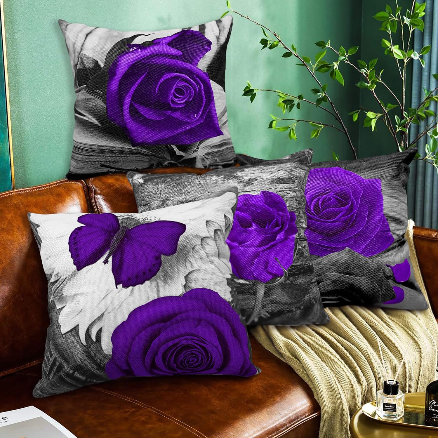 Set of 4 18x18 Flower Throw Pillow Covers - Purple Rose Couch Bed Decorative Cases, Dark Grey Black Floral Square Linen Farmhouse Pillow Cover