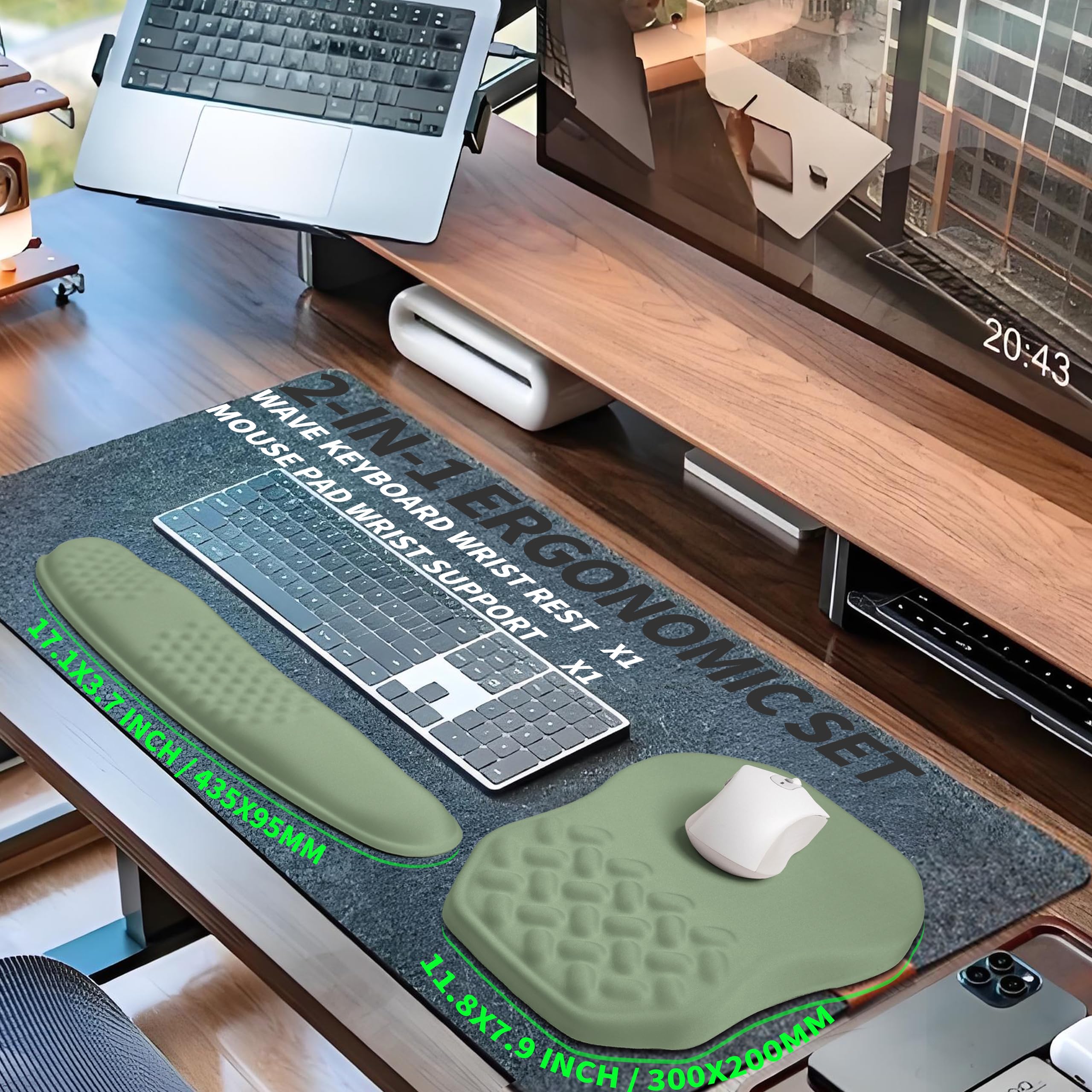 Set ergonomico 2 in 1, poggiapolsi e tappetino per mouse per massaggio, supporto per il polso, memory foam per alleviare la sindrome del tunnel carpale e il dolore al polso (verde oliva)