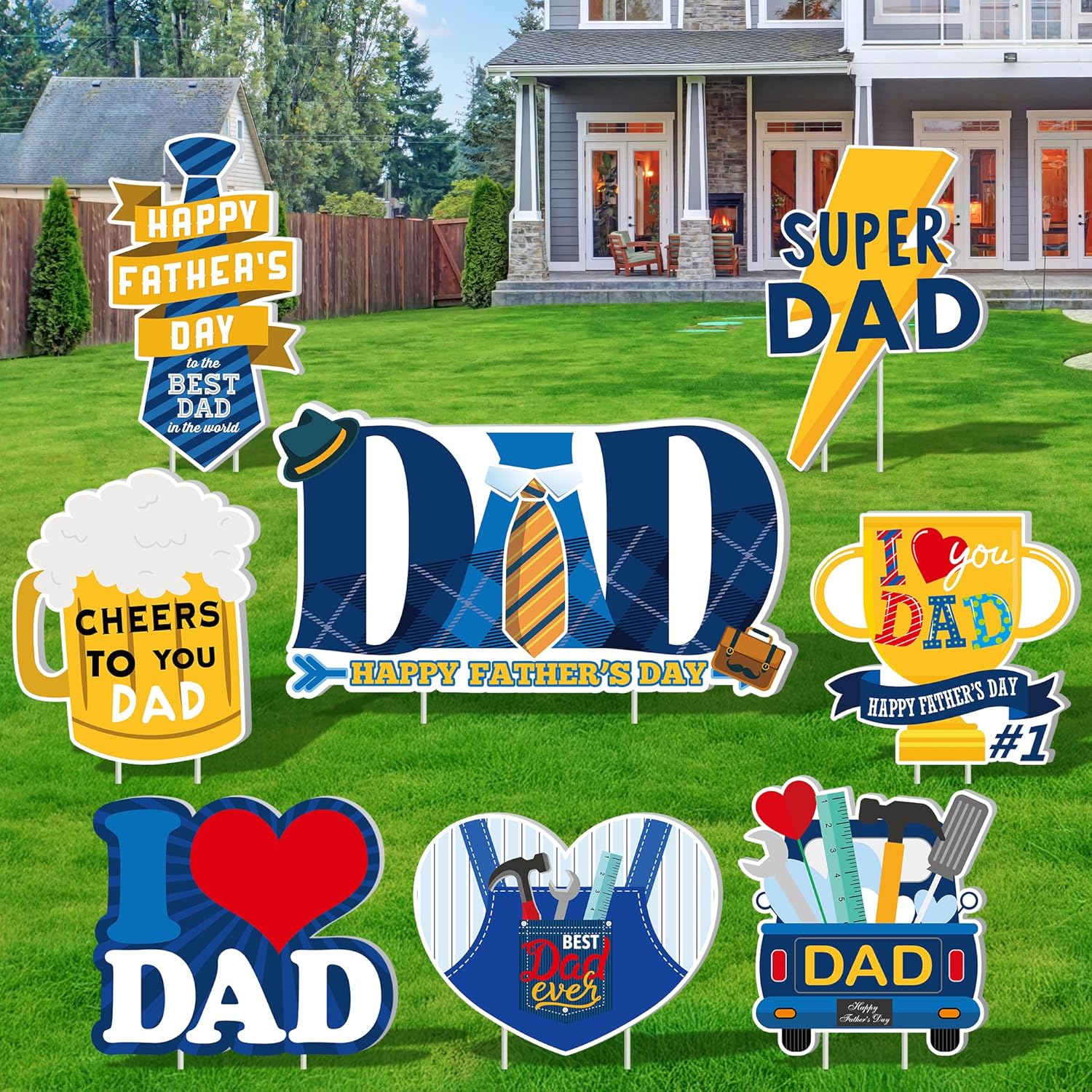 8 Packs Fathers Day Yard Signs, Father's Day Decorations Yard Signs with Stakes Waterproof Multiple Designs Father Day Plastic Lawn Signs, Photo Booth Props Suitable for Outdoor Yard Lawn Dad Birthday