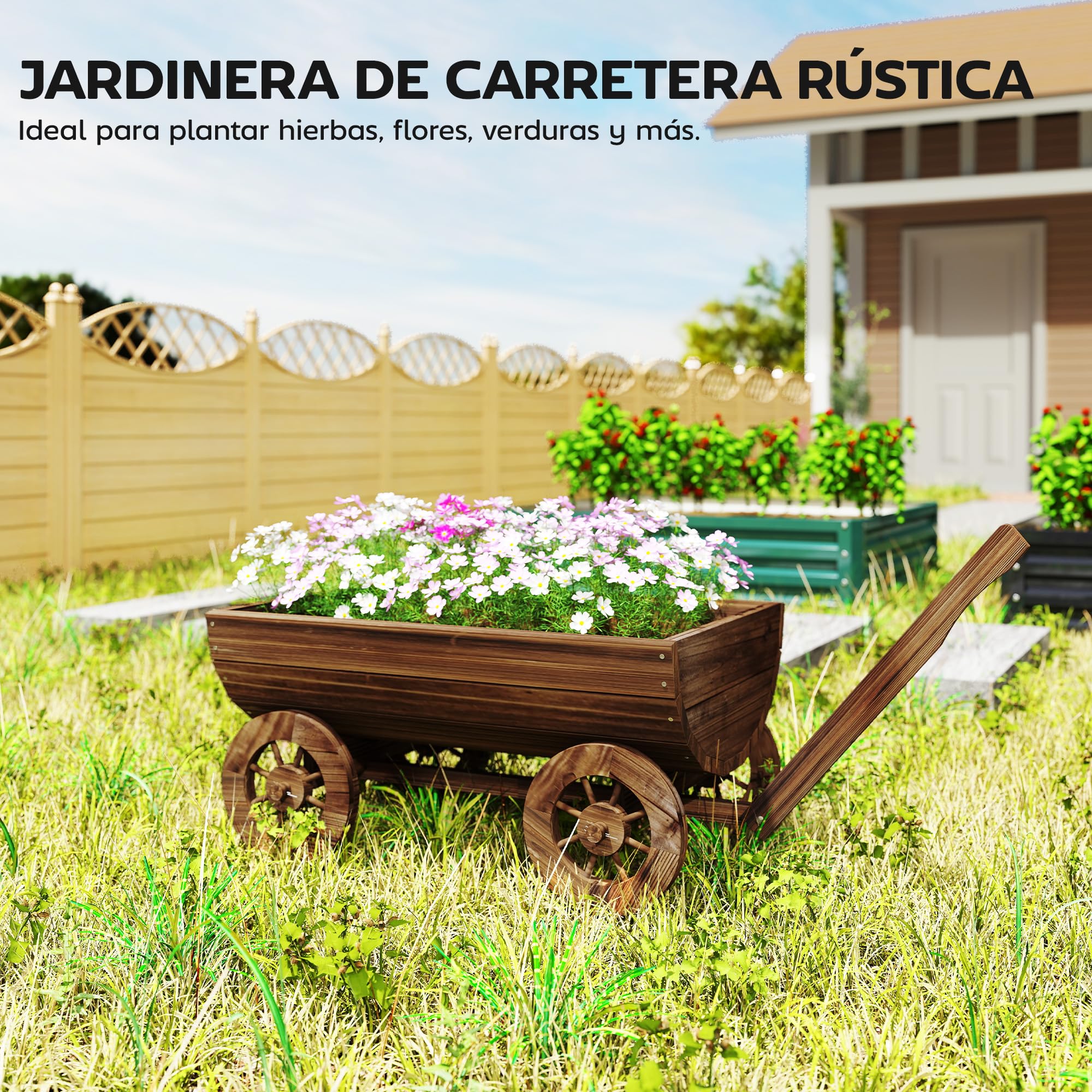 Outsunny Carrito de Madera Decorativa con 4 Ruedas y Mango 115x40x54,5 cm | Jardinera Exterior Móvil con Orificio de Drenaje, Macetero Exterior para Cultivos, Plantas, Jardín, Terraza, Carbonizado