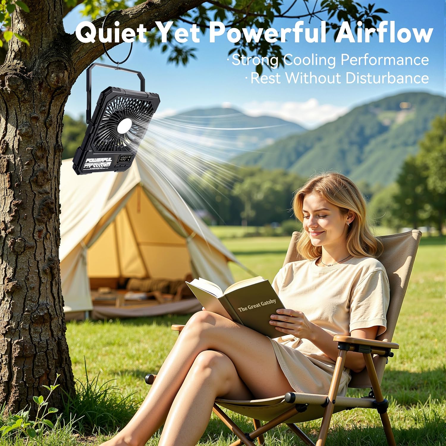 Portable Fan, Camping Fan, 20000mAh 6-Inch 18-85H Rechargeable Ultra Thin Foldable with Built-in Power Bank, LED Light, Remote Control, Hook for Outdoor Camping Tent Travel Emergency (Black)