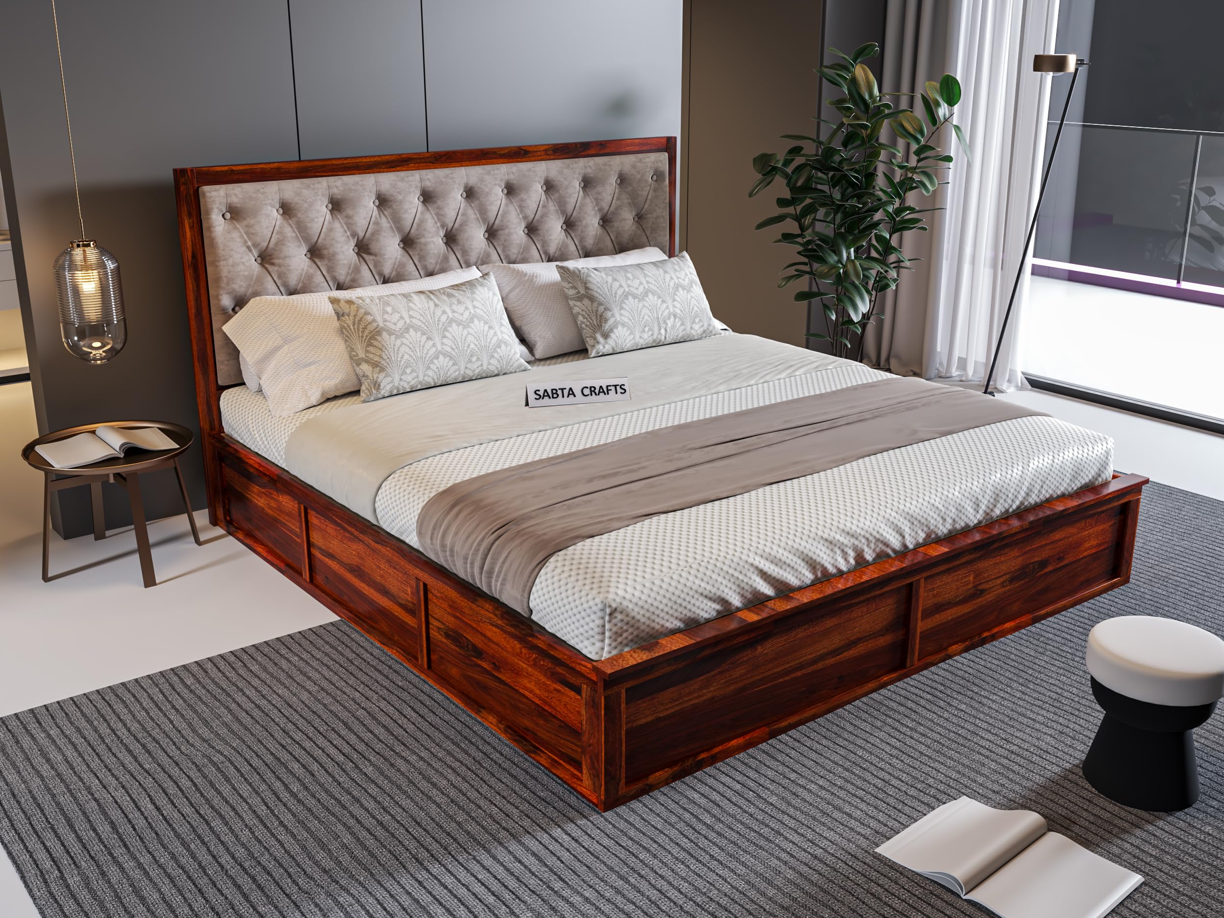 Wooden Double Size Bed with Box Storage for Bedroom, Brown Upholstered Cushioned Headboard, Solid Sheesham Wood, Natural Finish, Mattress Size: 78 X 48 in-image-11