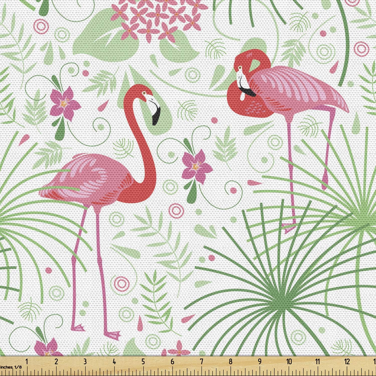 Lunarable Nautical Fabric by The Yard, Floral Pattern Flamingo Botany Greenery Floral Romantic Feminine Design Art, Decorative Fabric for Upholstery and Home Accents, 1 Yard, White Green