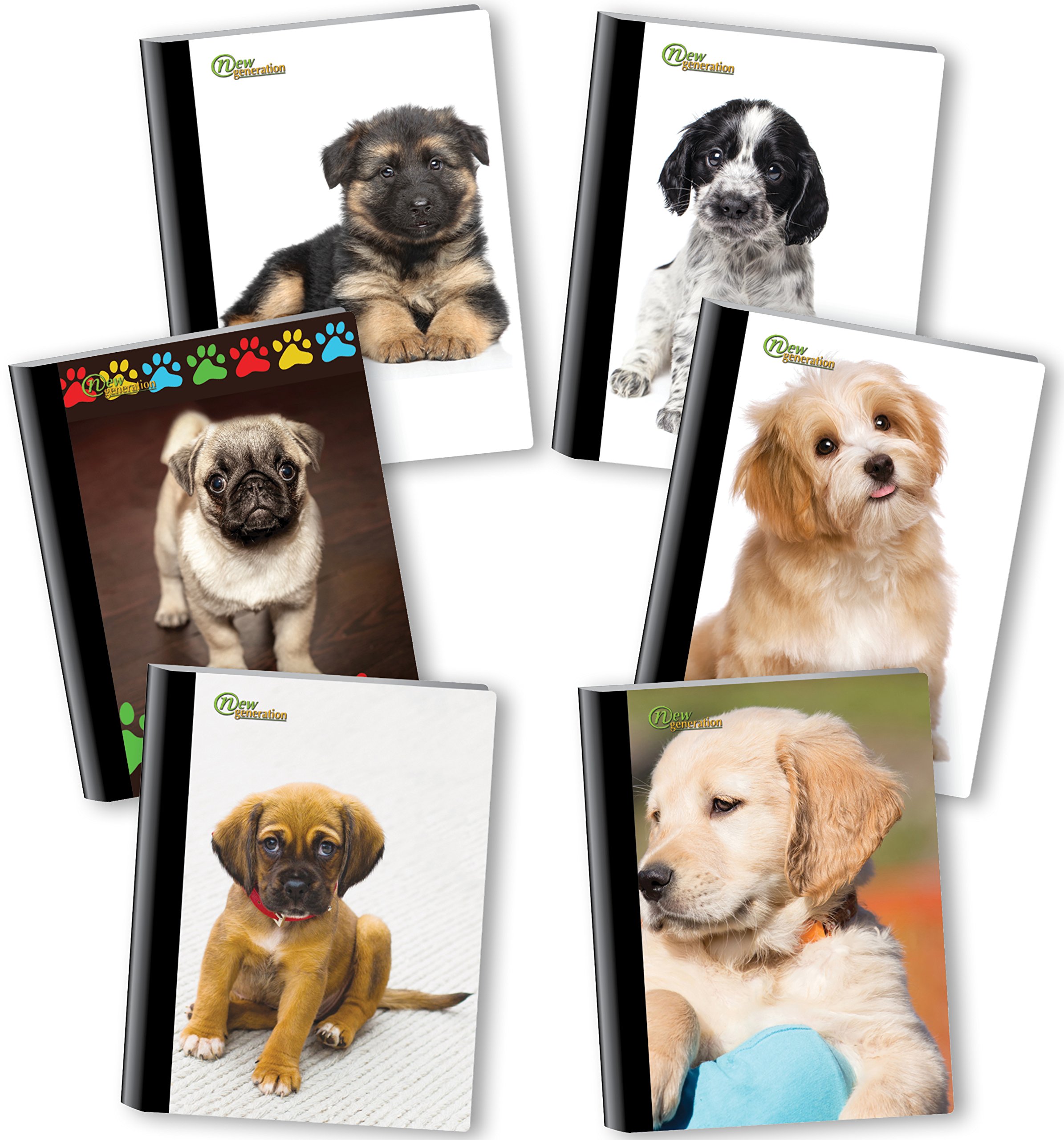 New Generation – Puppies - Composition Notebooks, 80 Sheets / 160 Pages Wide Ruled pages Comp Book, Durable Laminated covers with Assorted Dogs