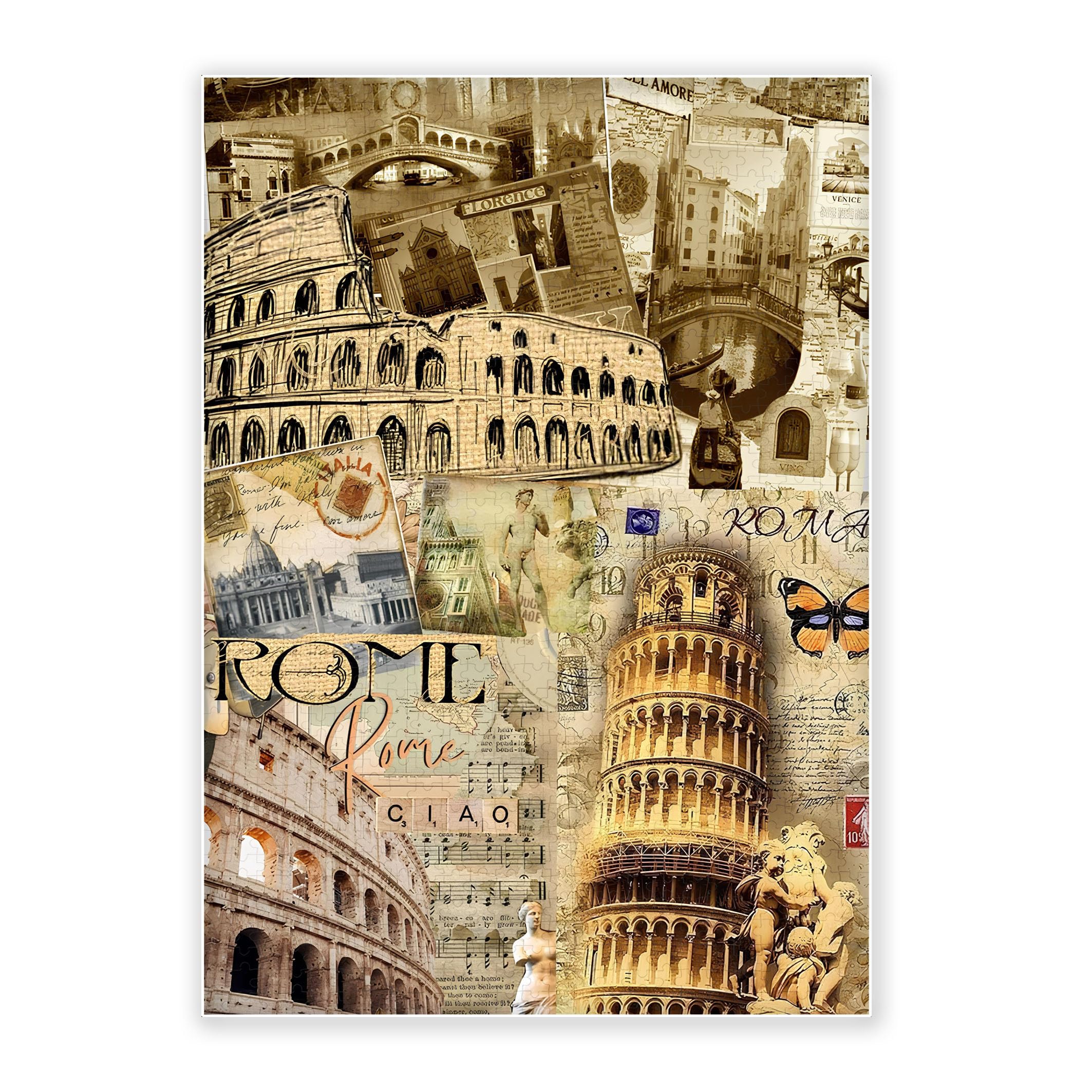 1000-Piece Adult Wood Jigsaw Puzzle, Vintage Rome Italy Collage Art Puzzle, Italian Landmarks Travel Scene, High-Difficulty, Stress-Relieving, Home Decor, Eco-Friendly, 29.5x19.7in