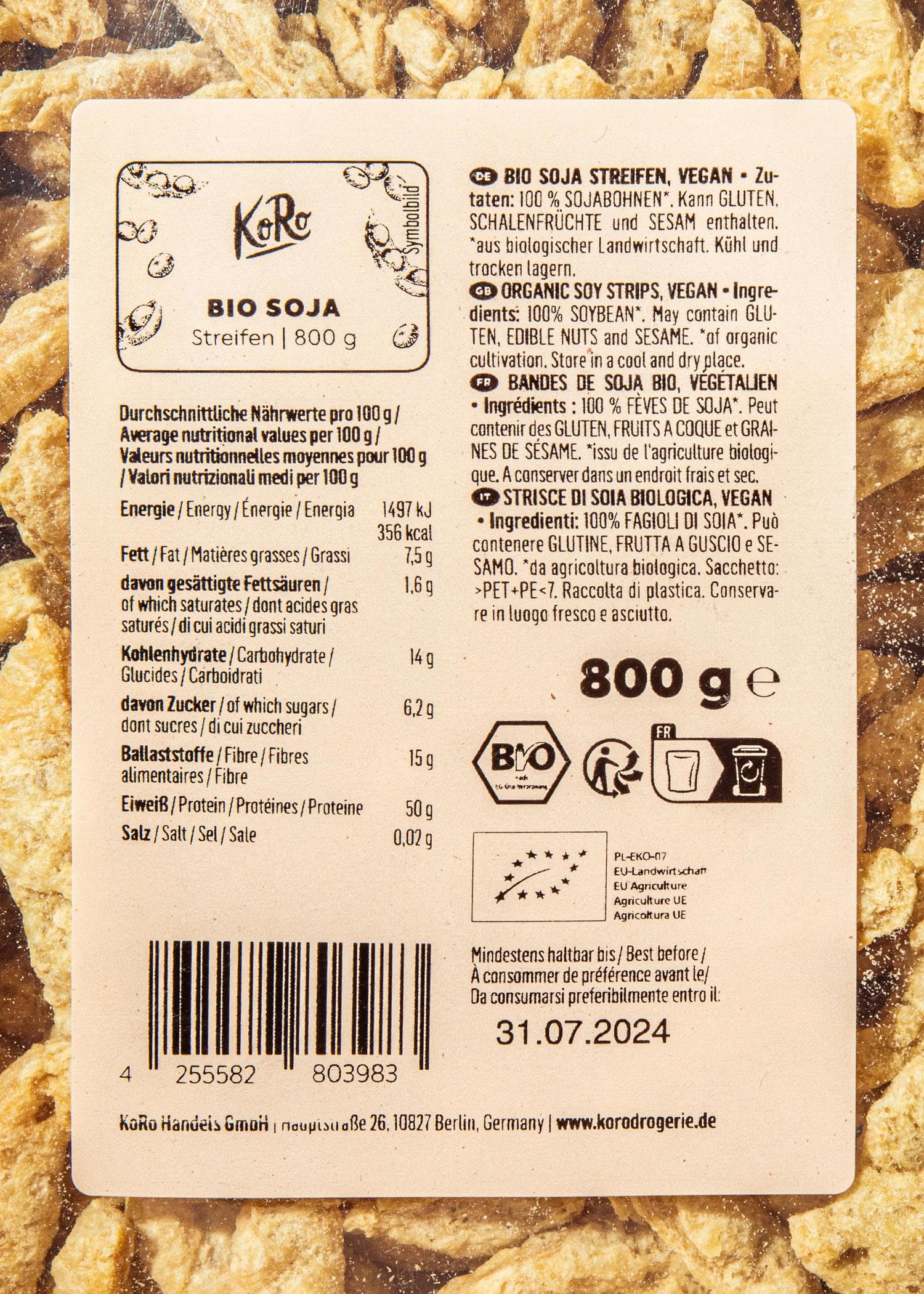 KoRo - Straccetti di soia bio 800 g - 100 % soia - qualità biologica - alternativa di carne vegana - versatile per piadine, curry, wraps