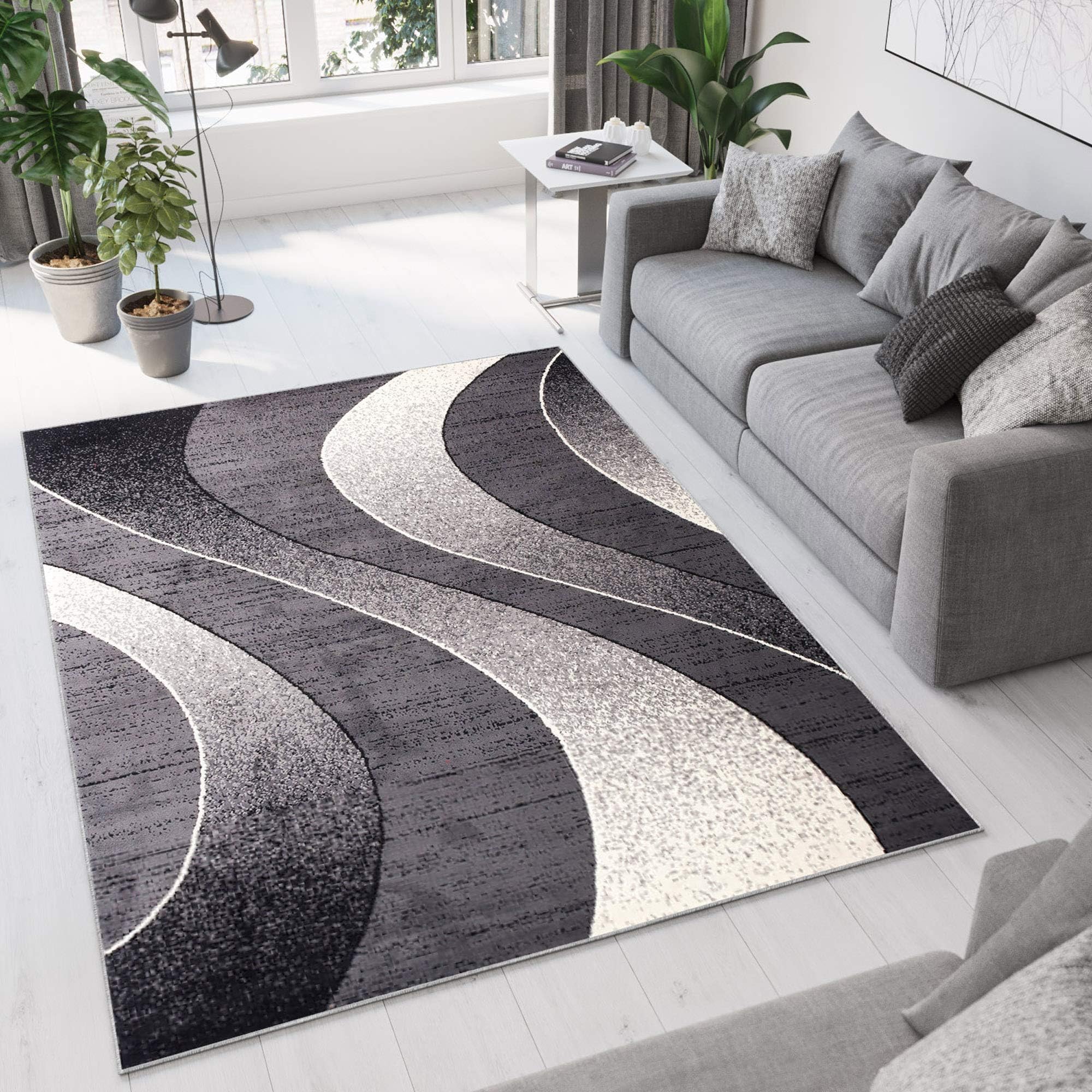 TAPISO Dream Area Rug Living Room Bedroom Modern Short Pile Dark Grey Waves Durable Carpet Size - 180 x 250 cm (5ft11 x 8ft2)OEKO-TEX STANDARD 100