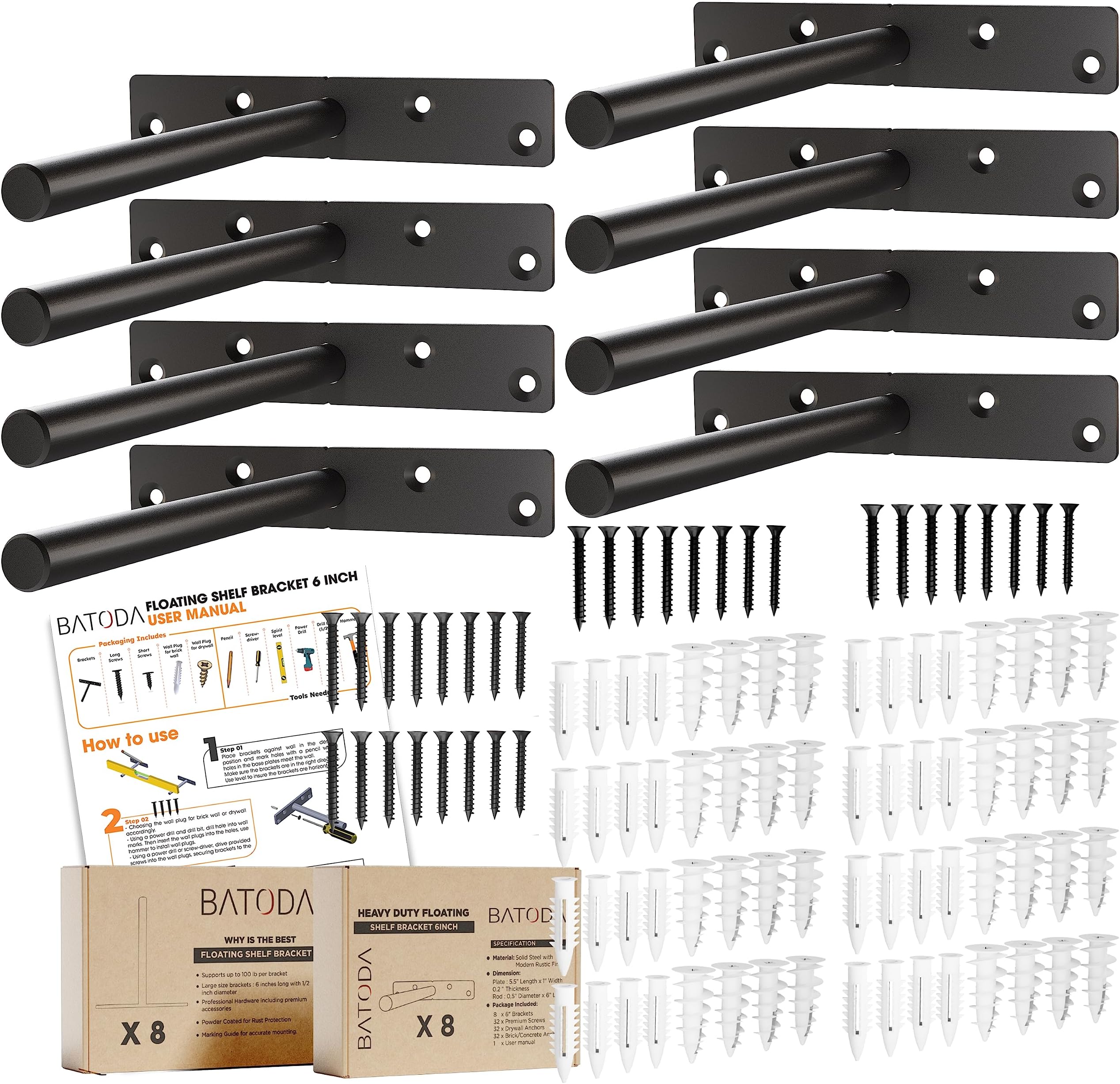 BATODA - 6" Floating Shelf Bracket Heavy Duty (8 pcs)-Solid Steel Blind Shelf Supports - Hidden Brackets for Floating Wood Shelves - Blind Shelf Support - Shelving Mounting Hardware Included (Pack 8)