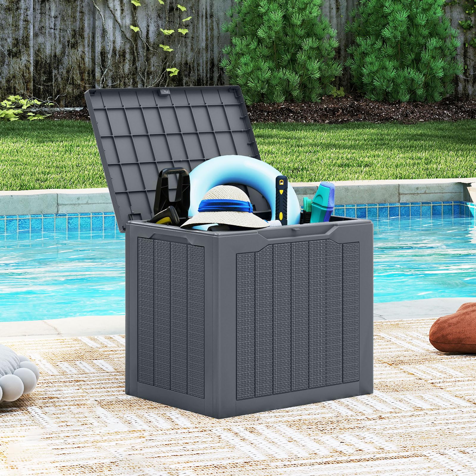 FANTASK 106L Gartenbox, 56 x 41 x 50,5 cm, Outdoor Kissenbox mit abschließbarem Deckel, Auflagenbox wasserfeste, Schrank Rattan-Optik für Poolzubehör, Gartengeräte, Pakete (Grau)