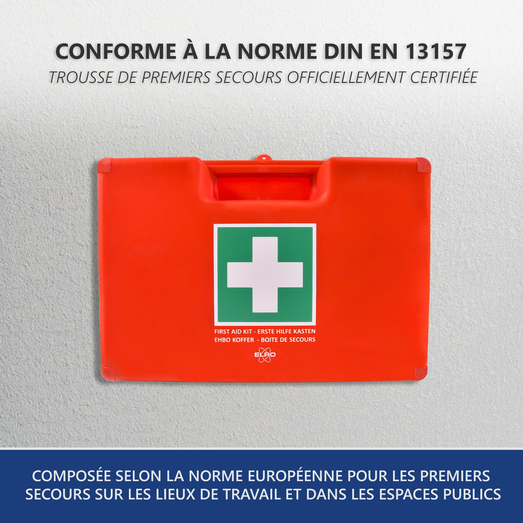 Elro EHBO5000 – Kit de Premiers Secours A Large – 165 pièces – Certifié EN13169 – Pour Bureaux, Associations et Maison – 50+ personnes – Avec Valise Rigide et Support Mural