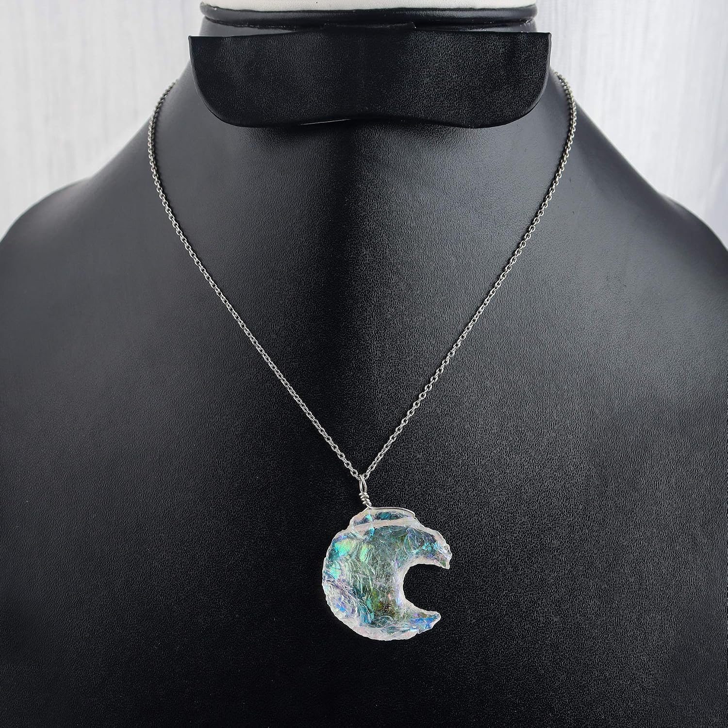 InfinityGemsArt Angel Aura Quartz Pendant Necklace, Jewelry Gifts For Men/Women - 925 Sterling Silver Chain 18 inch Adjustable, Moon Shaped Crystals and Healing Stones, April Birthstone