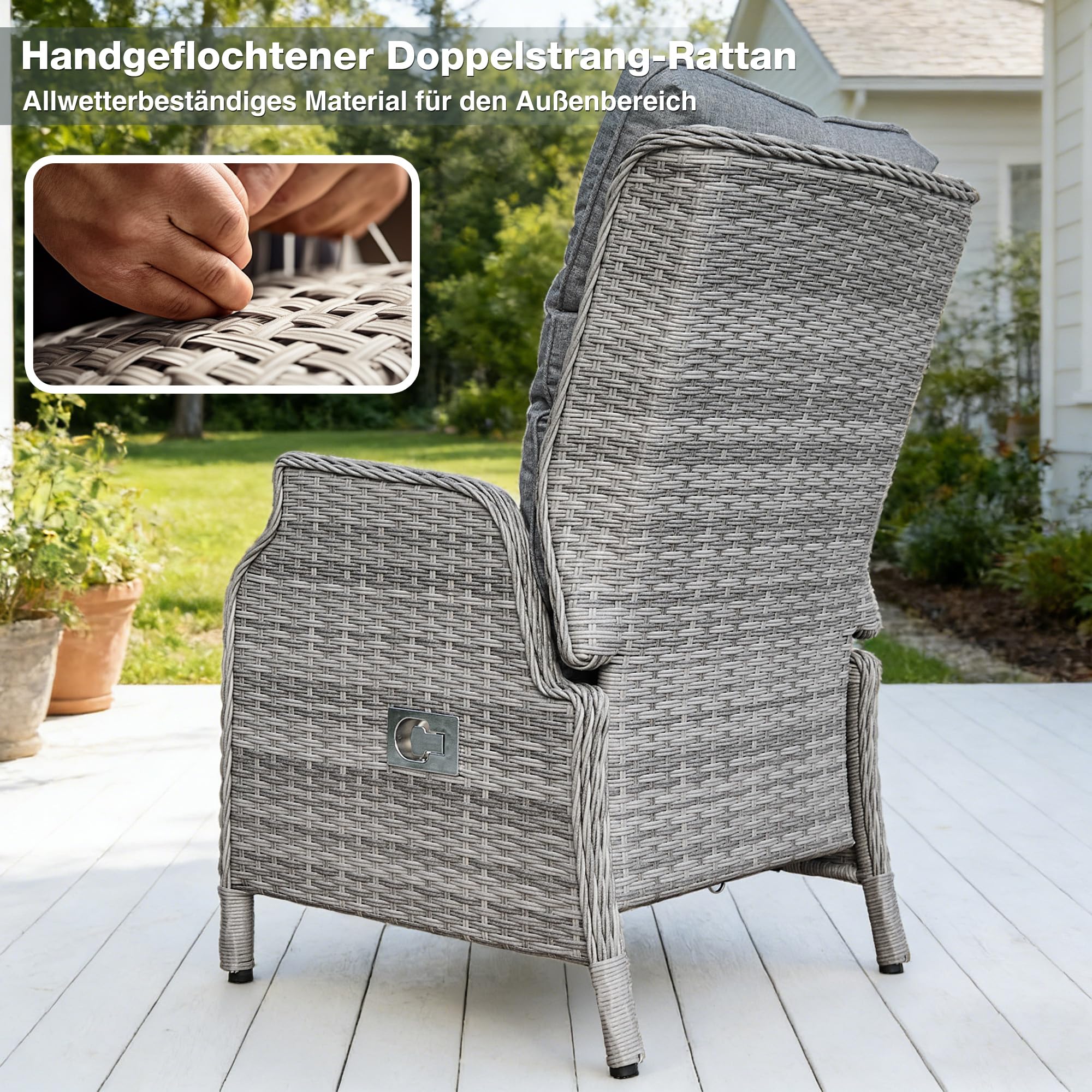 COMLAX FIELD Rattan Gartenstuhl mit Verstellbarer Rückenlehne, Gartensessel Wetterfest, Rattansessel Outdoor, Essstuhl Lounge Sessel für Garten Balkon Indoor
