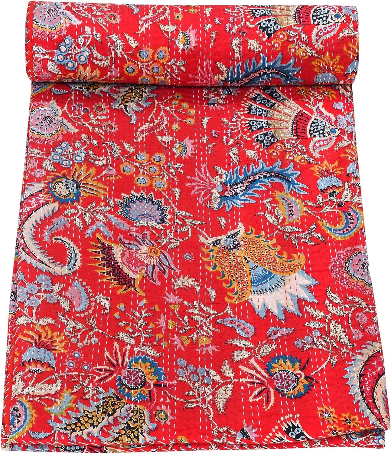 Katha Work Hand Stitched Double Thick bedsheets Bed Cover Kantha Throw Cotton Blanket Bedspread. (Red, Double Size (90x108 Inch))-picture-12