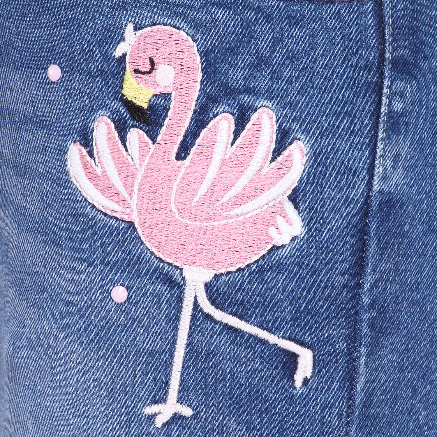 Cutecumber Girls Cotton Rich Denim Jeans – Pink Flamingo & Star Embroidery, Tapered Fit Stylish Casual Outfit for Baby Girls & Kids (Age 1–15 Years) 2
