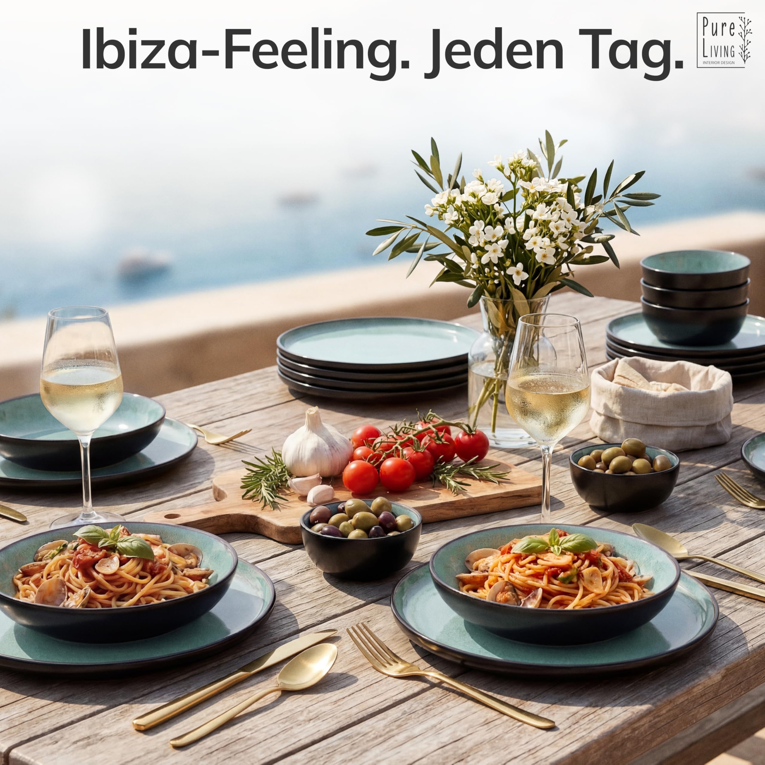 Steingut Geschirrset 12 Personen Ibiza 36 tlg. TESTSIEGER, Traumhaftes Mediterranes Steingut Geschirr Set, Schüssel- und Teller Set, Tafelservice 12 Personen, Geschirrsets Pure Living in Salbeigrün Küche, Haushalt & Wohnen