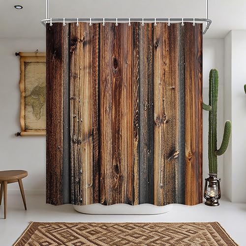 Miniatura 4 de Cortina de Ducha de Tablón de Madera Rústica Marrón, Cortina de Ducha de Puerta de Granero Rústica, Cortinas de Baño de Tela de Tablón de Madera