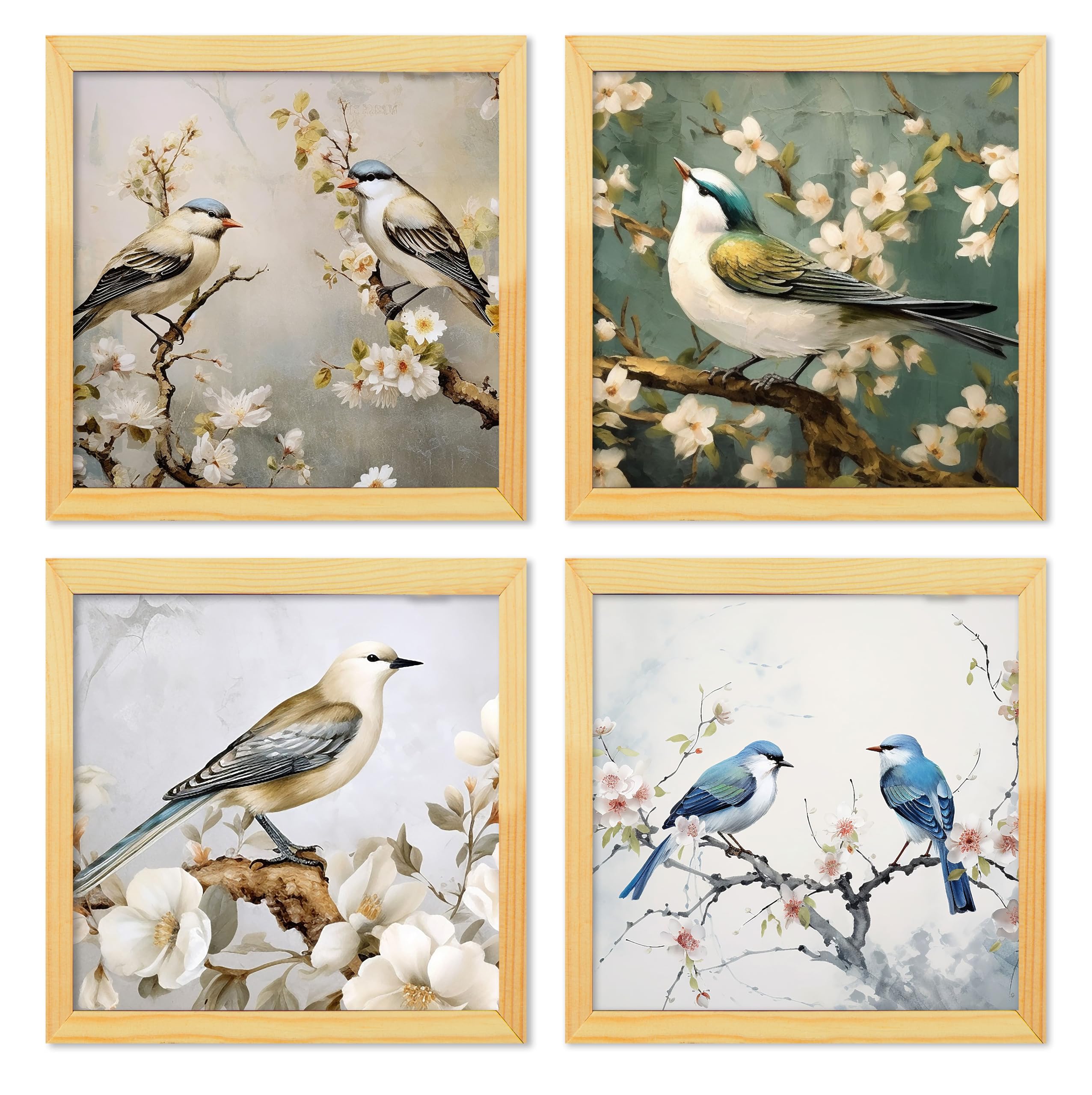 Rousrie Floral Birds Theme Wall Art, Beautiful Artwork Frame Prints, Textured Posters for Living Room, Bedroom, Home Decor (Wooden- Design 1)