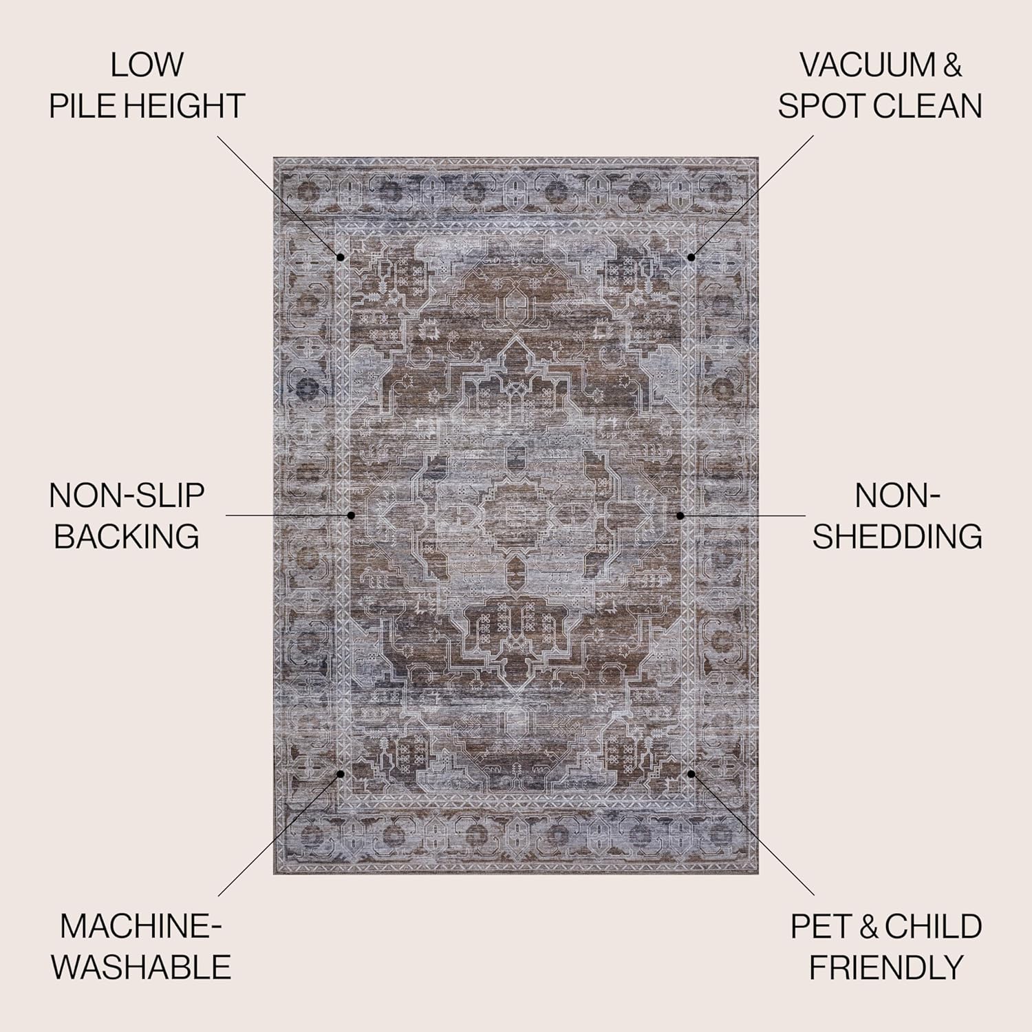JONATHAN Y Machine Washable Indoor Area Rug 4X6 Brown/Light Gray, Medallion for Living Room, Bedroom, Kitchen, Office, Easy-Cleaning, High Traffic, Pet-Friendly, Non-Shedding WSH100C-4