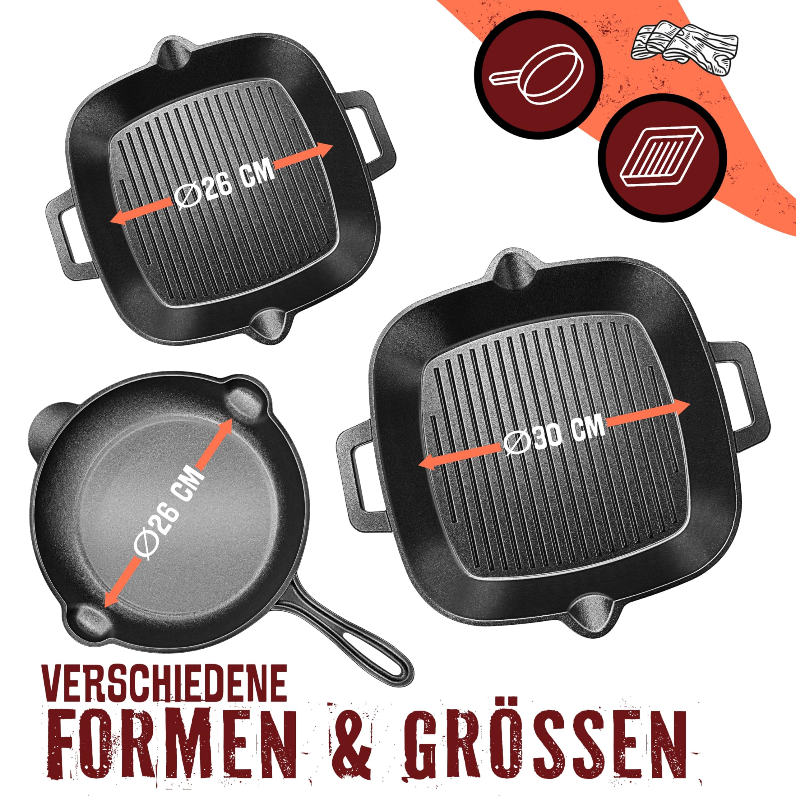 KESSER® Sartén de hierro fundido para inducción de 30 cm, sartén de hierro fundido, sartén para parrilla de gas, horno, parrilla de carbón, sartén para carne, incluye asas protectoras, libro de