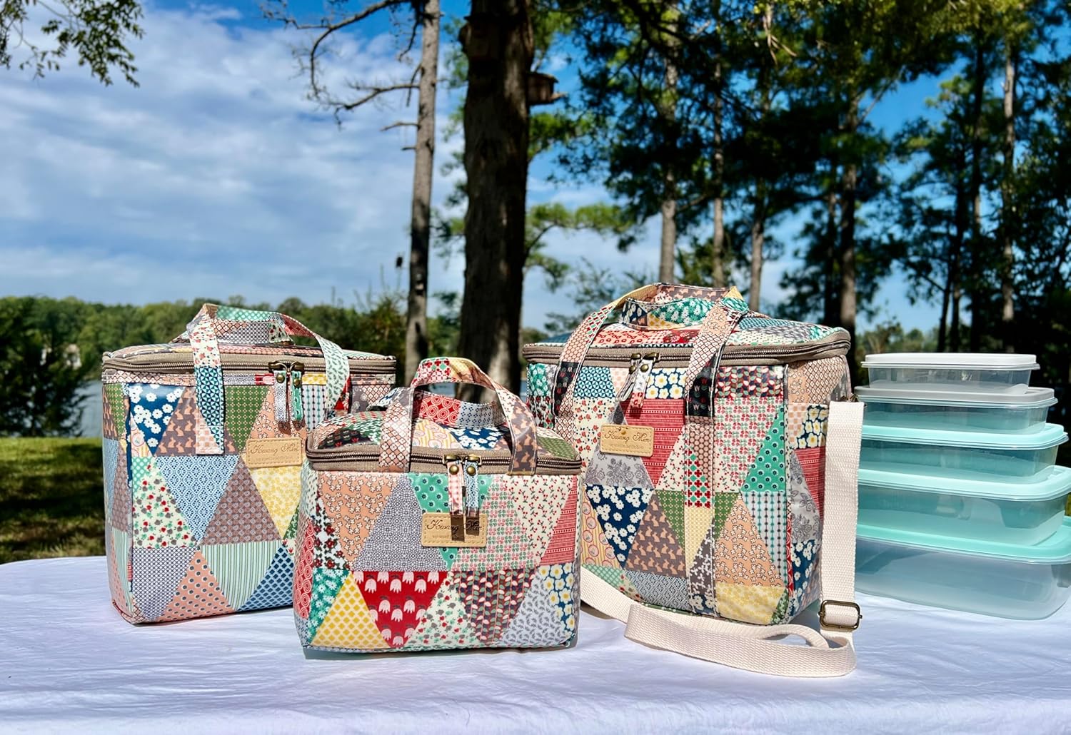 Kwang Min Small Insulated Lunch Bag, Portable Reusable Lunch Box Cooler, Patchwork Design, Waterproof Liner (Patchwork Quilt)