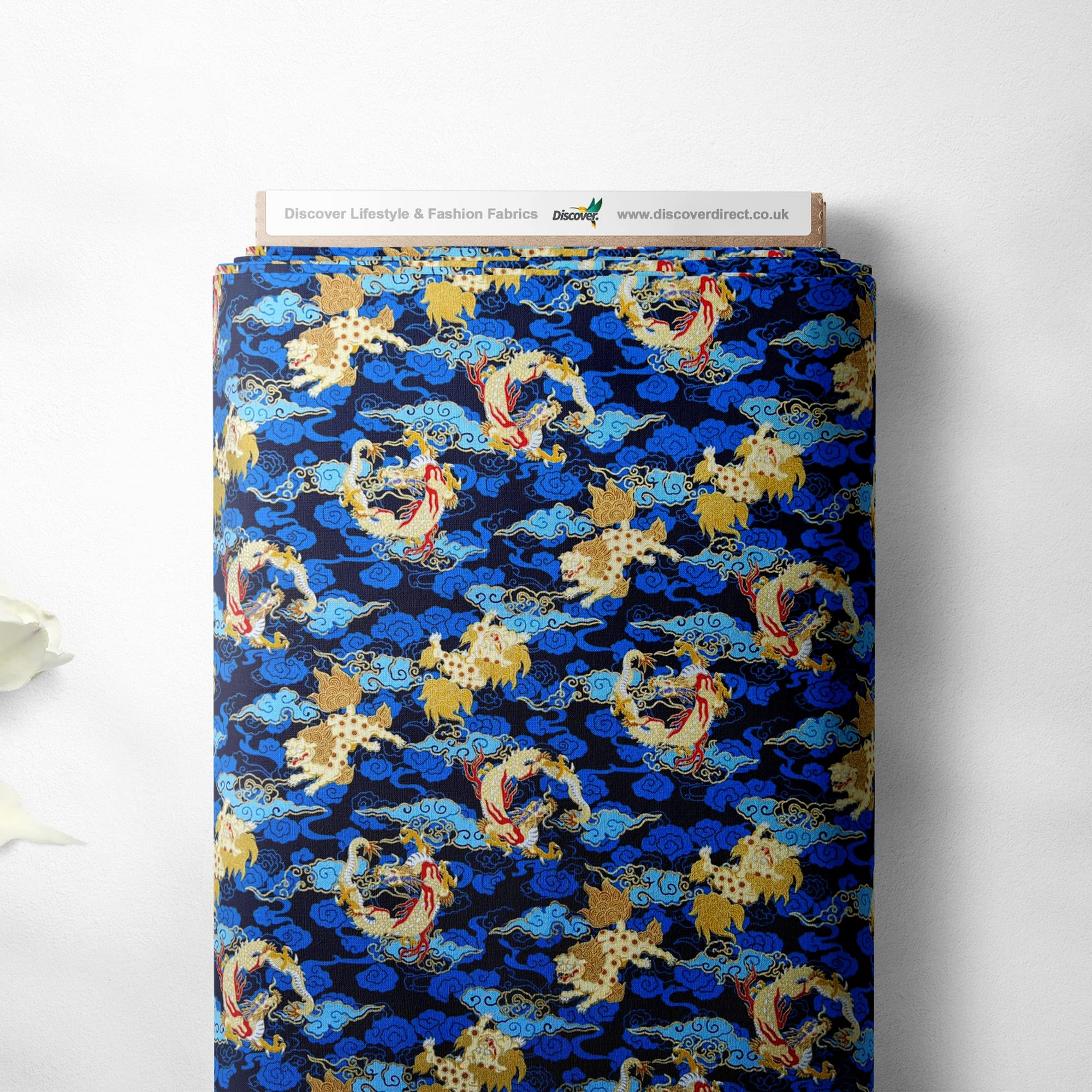 100% Cotton Isumi Japanese Dragon Cloud Design Oriental Metallic Foil Quality Sewing Upholstery Furnishing Fabric Material | 57" - 147 cm Wide (per Metre, Royal Blue)