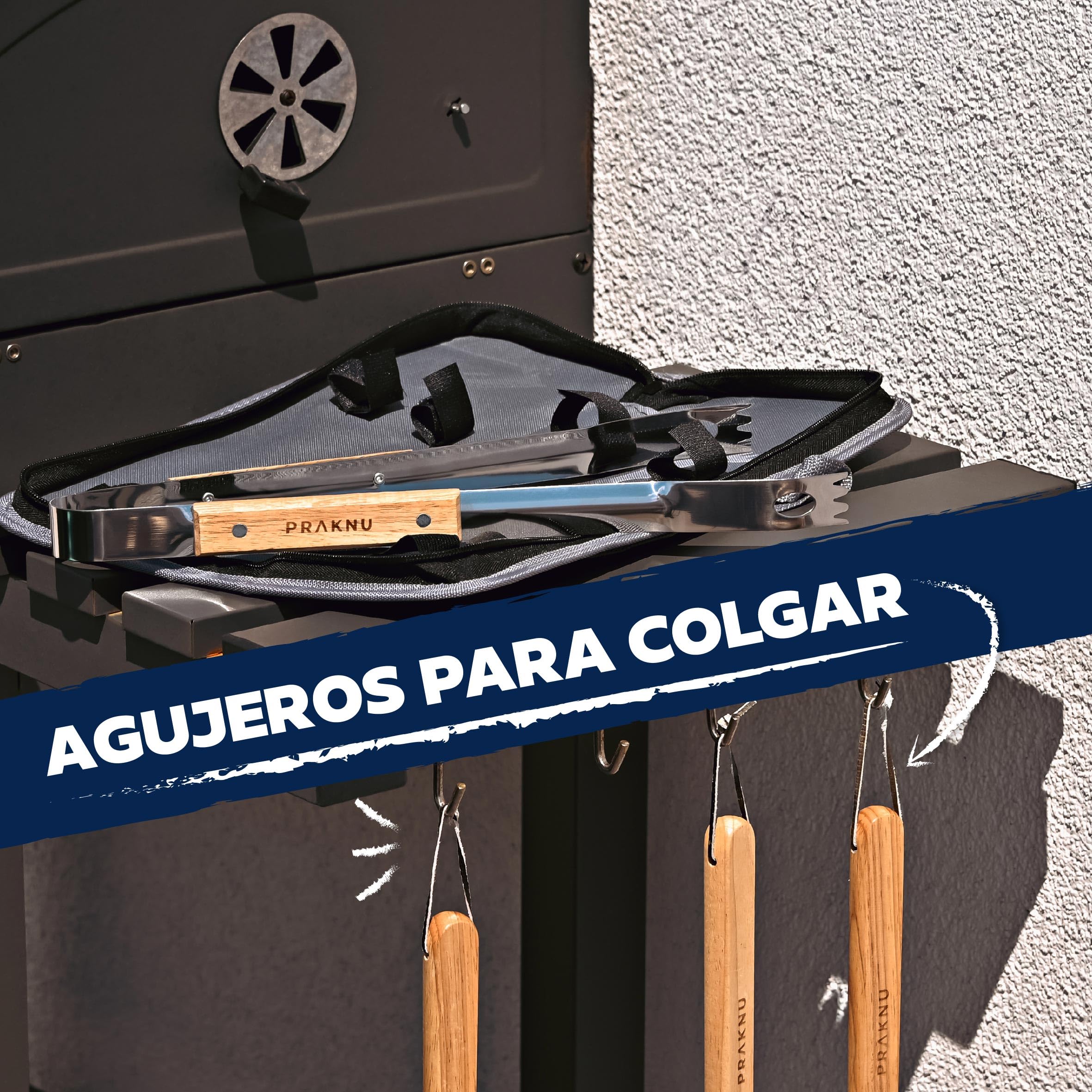 Praknu Accesorios Barbacoa 4 Piezas – Kit BBQ con Bolsa de Transporte – Utensilios Barbacoa de Acero INOX y Madera – Kit Regalo Hombre para Exteriores – Espátula, Tenedor, Cepillo y Pinzas Barbacoa