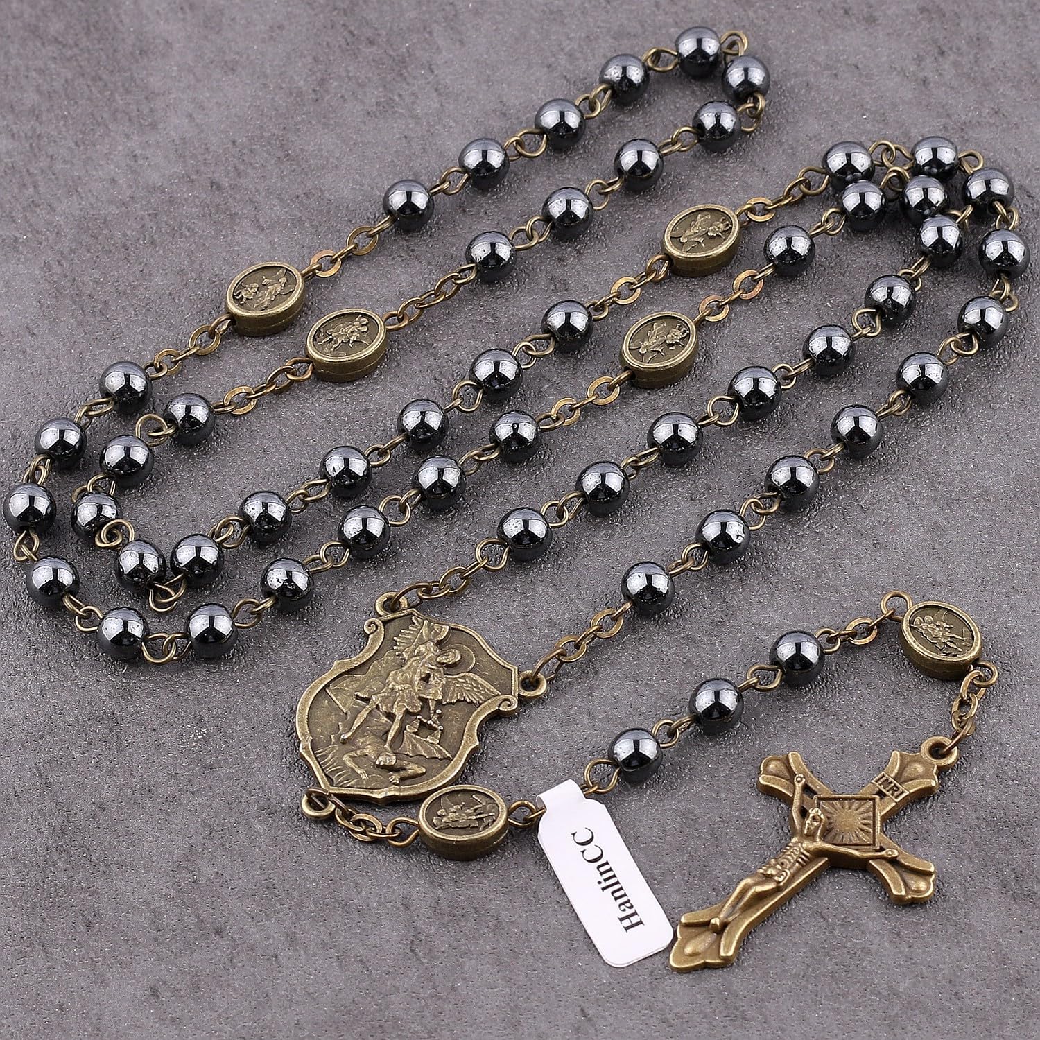 HanlinCC Hematite Black Stone Beads Saint Michael the Archangel Catholic Rosary Necklace with Gold Plated Metal Gift Box for Men Women - Image 6